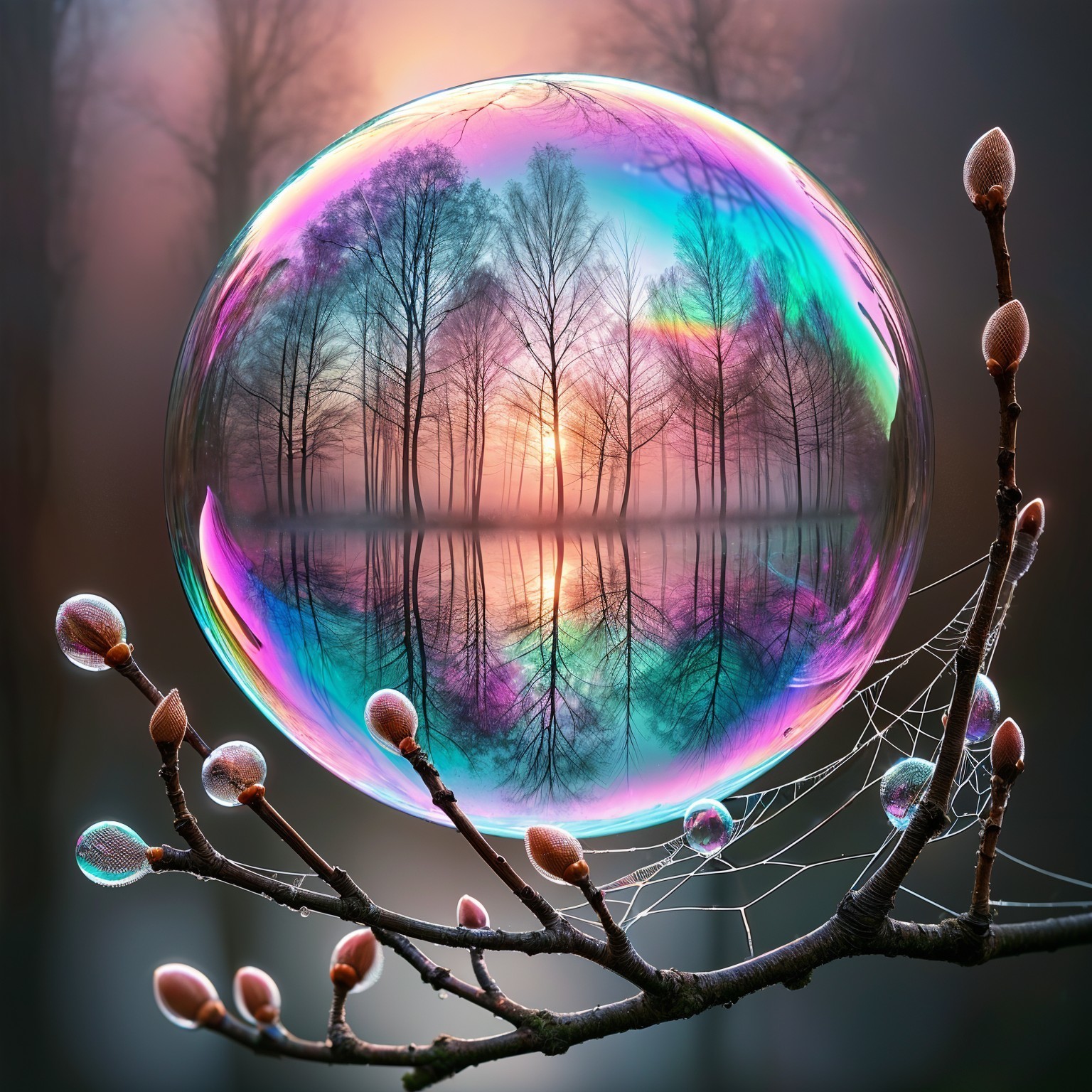 Soap Bubble Reflecting Sunset and Bare Trees