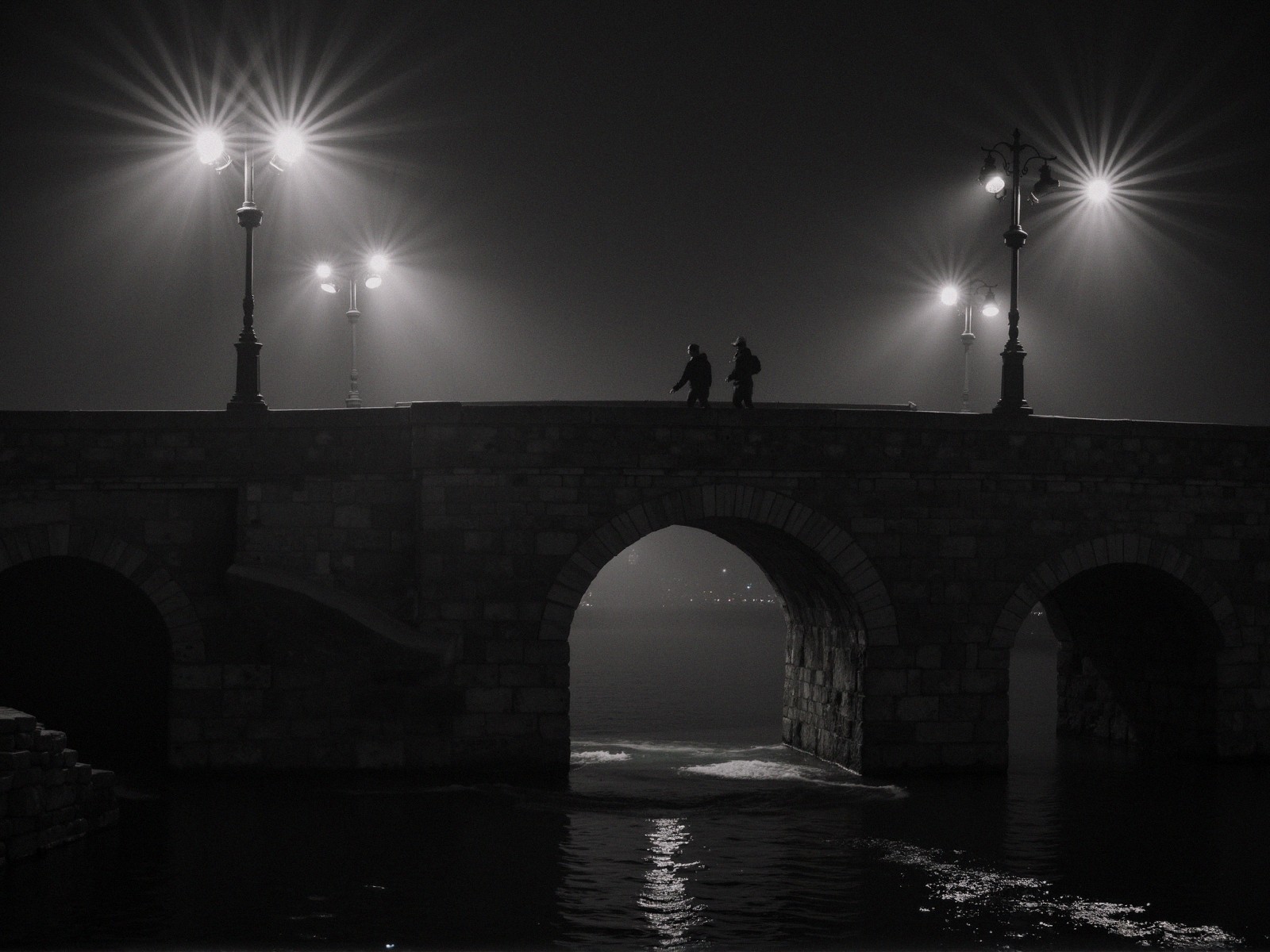 Silhouetted Bridge at Night with Street Lamps and Fog