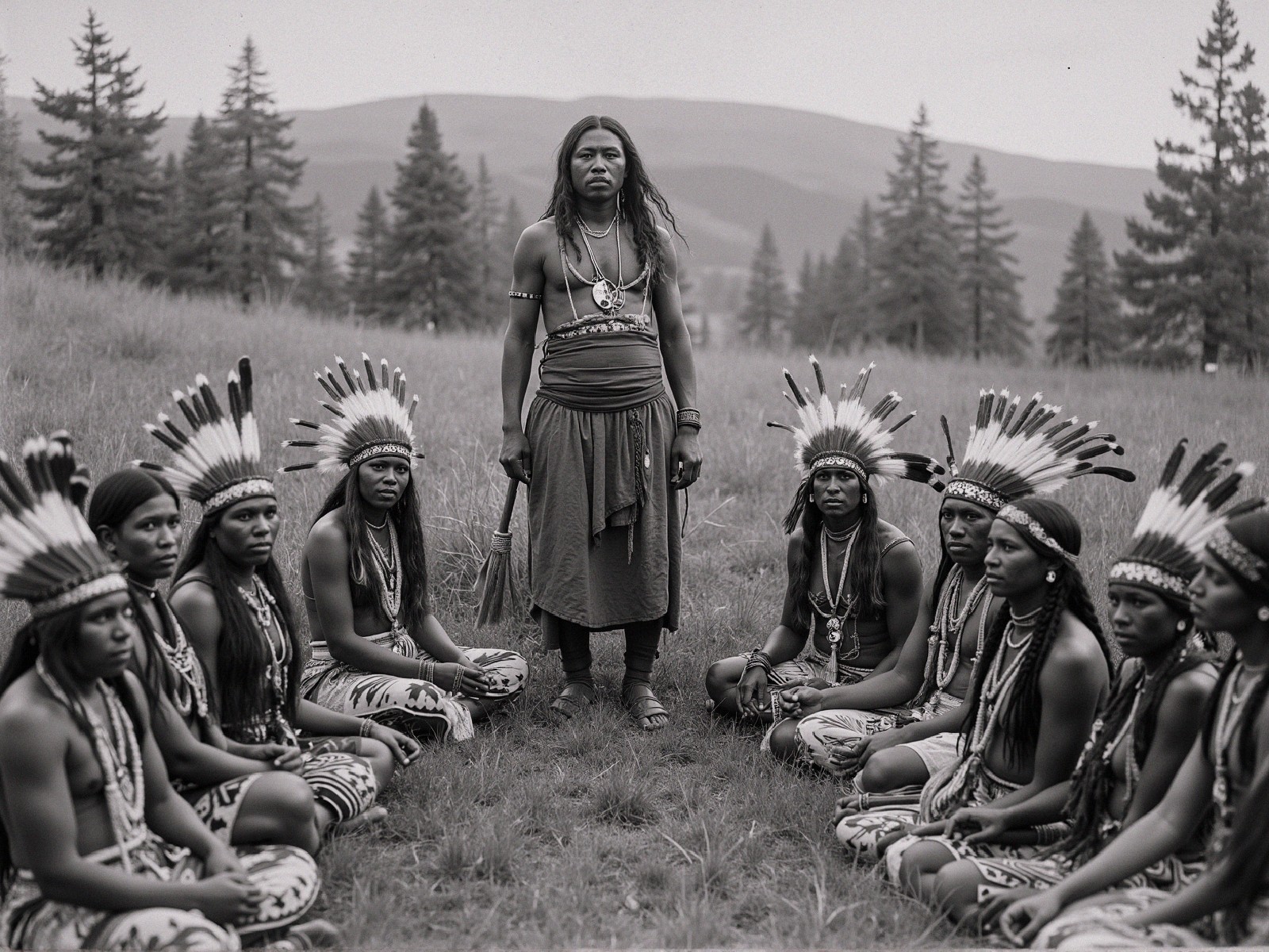 Indigenous Gathering in Traditional Attire on Grassland