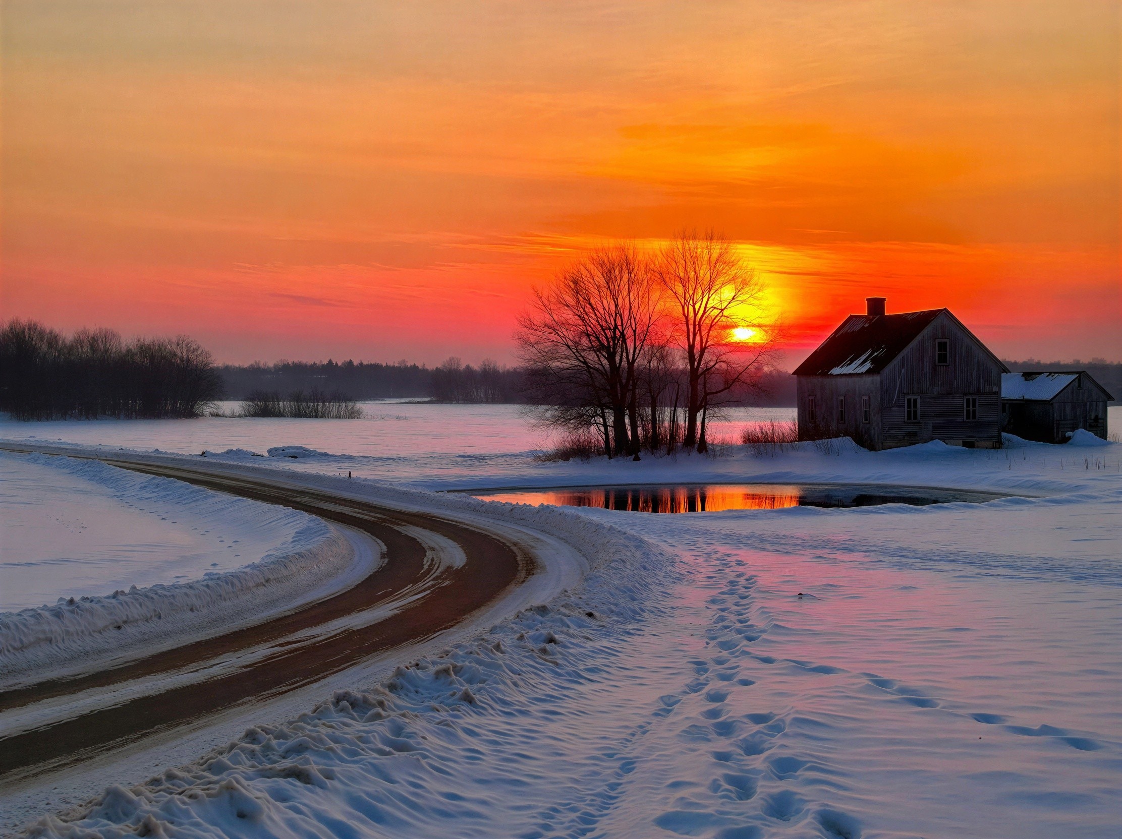 Winter Sunset Over Snowy Countryside Landscape