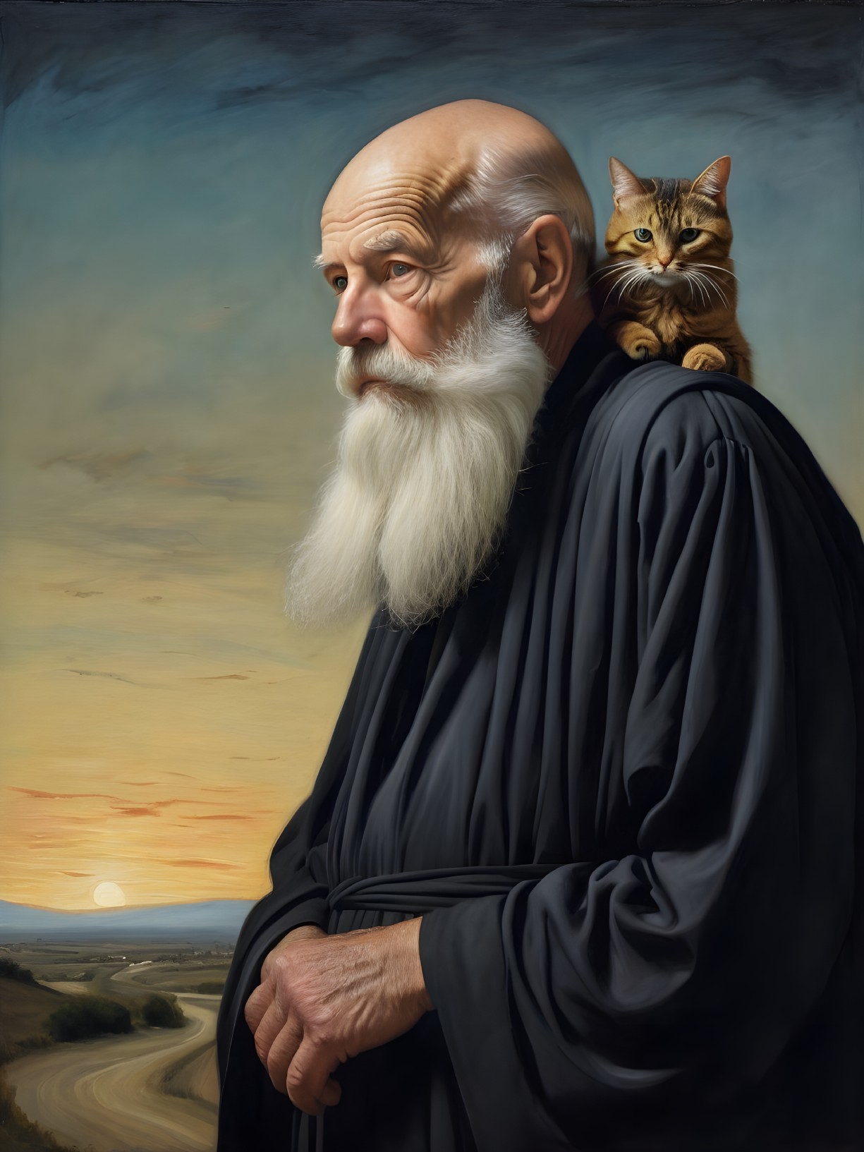 Elderly man in black robe with cat at sunset