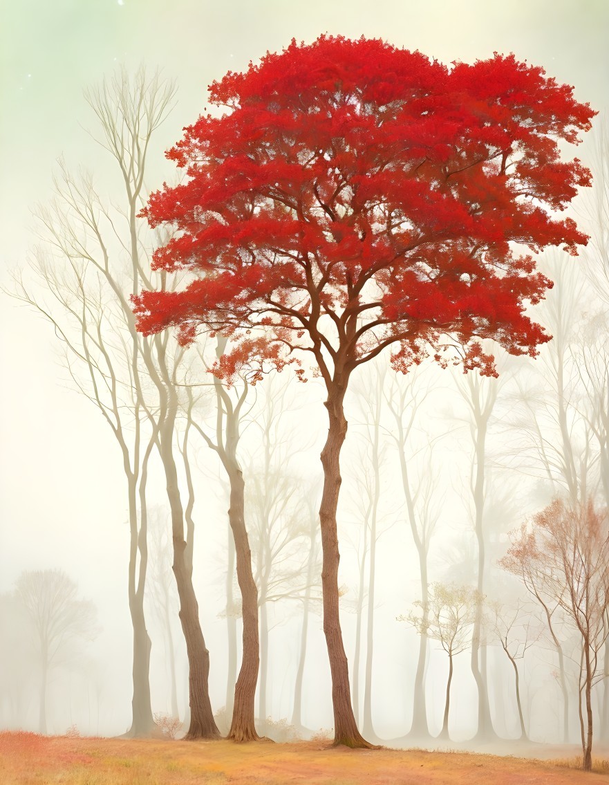 Red Tree in Foggy Landscape with Bare Trees