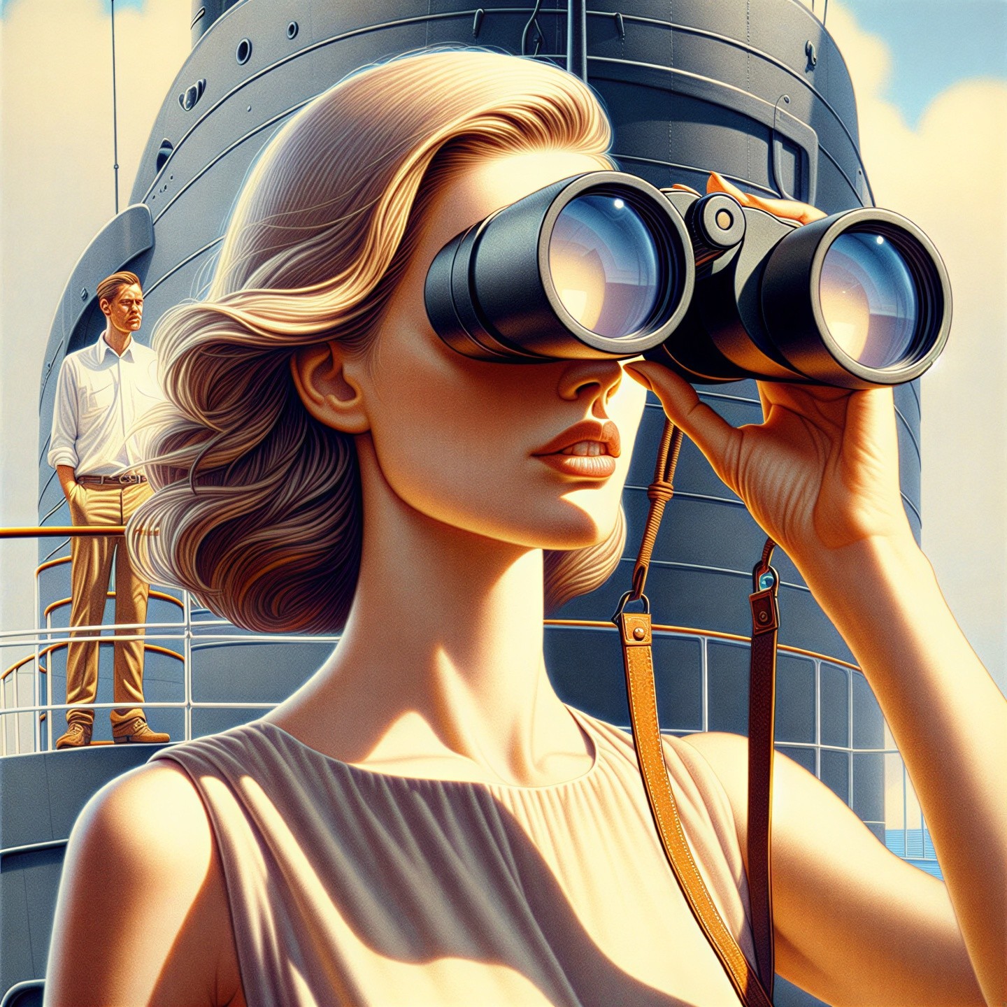Retro Nautical Scene with Woman and Man on Ship Deck