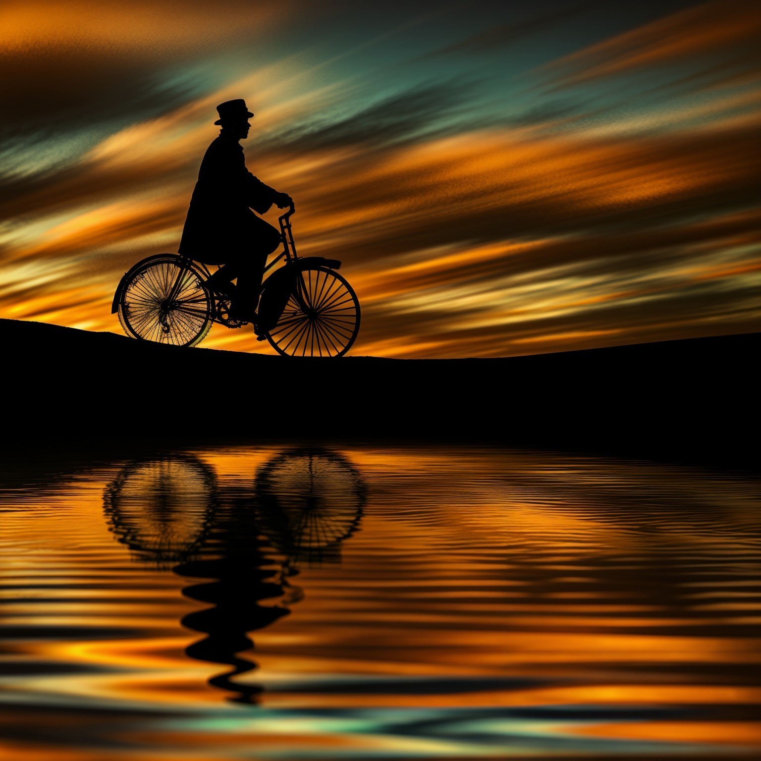 Silhouetted Figure on Vintage Bicycle at Sunset Ridge