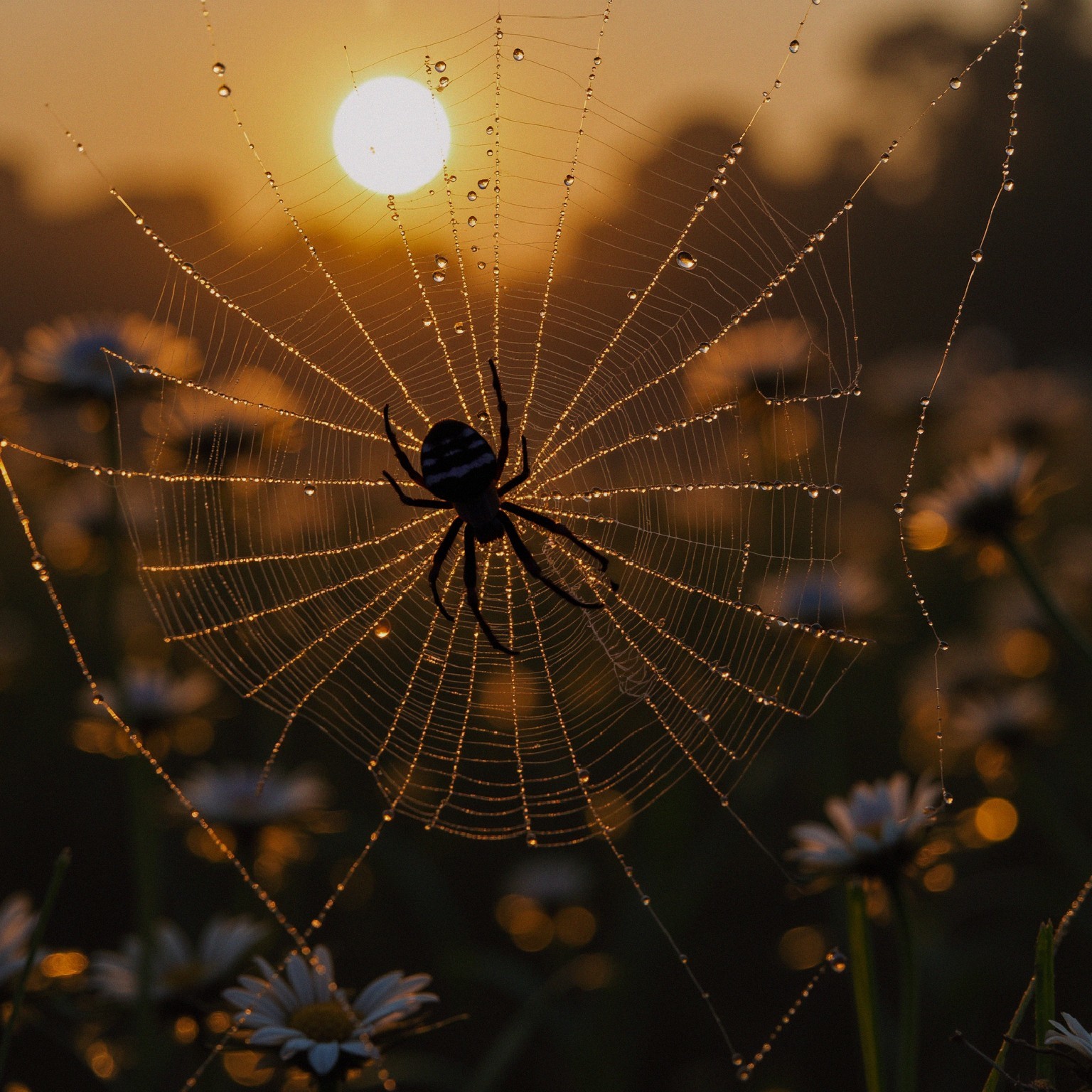 Spider Silhouette in Dewy Web at Sunrise