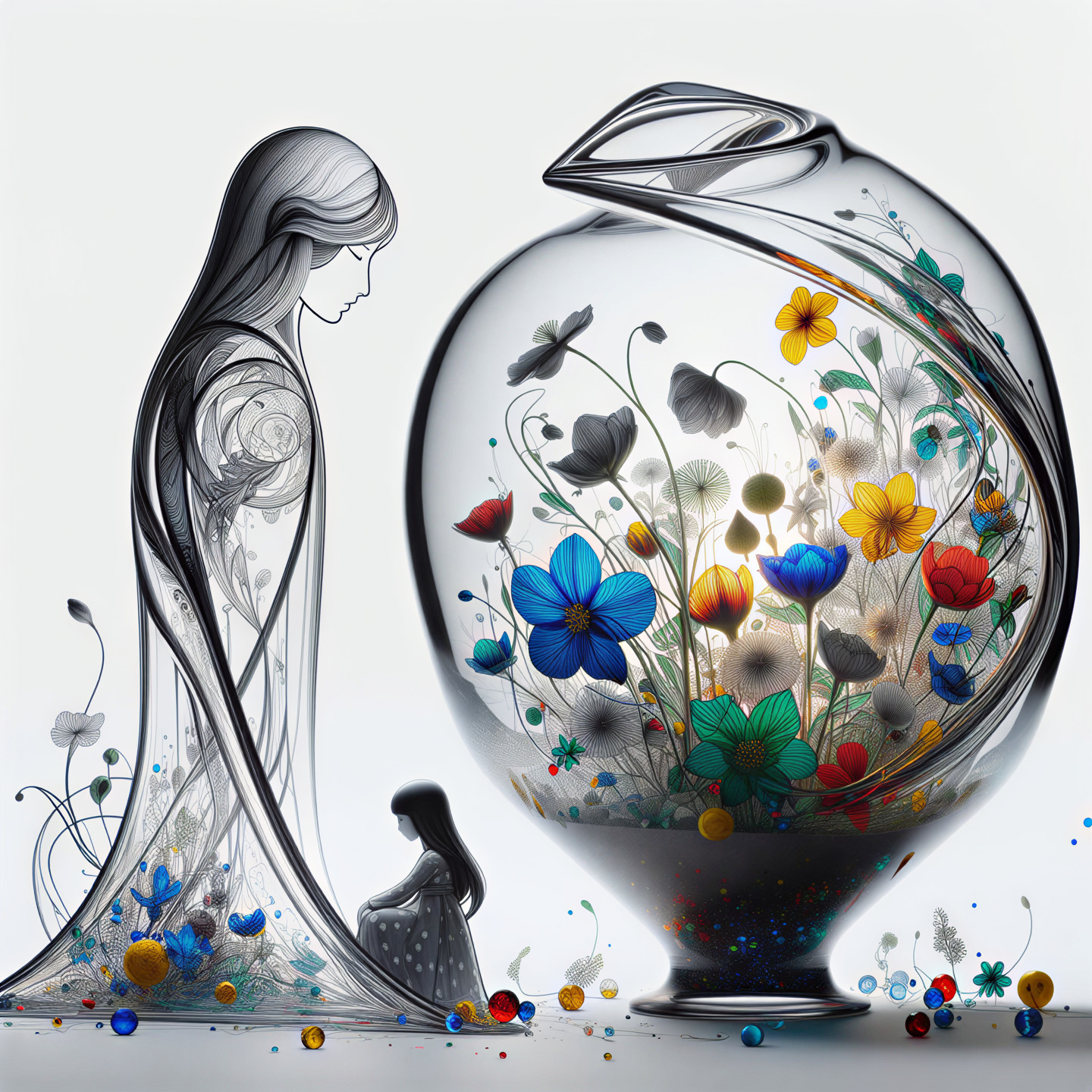 Vibrant Floral Patterns in a Glass-like Vase