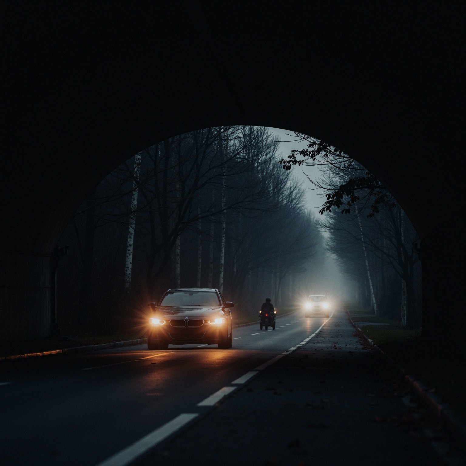 Foggy Scene with Vehicles Emerging from a Tunnel