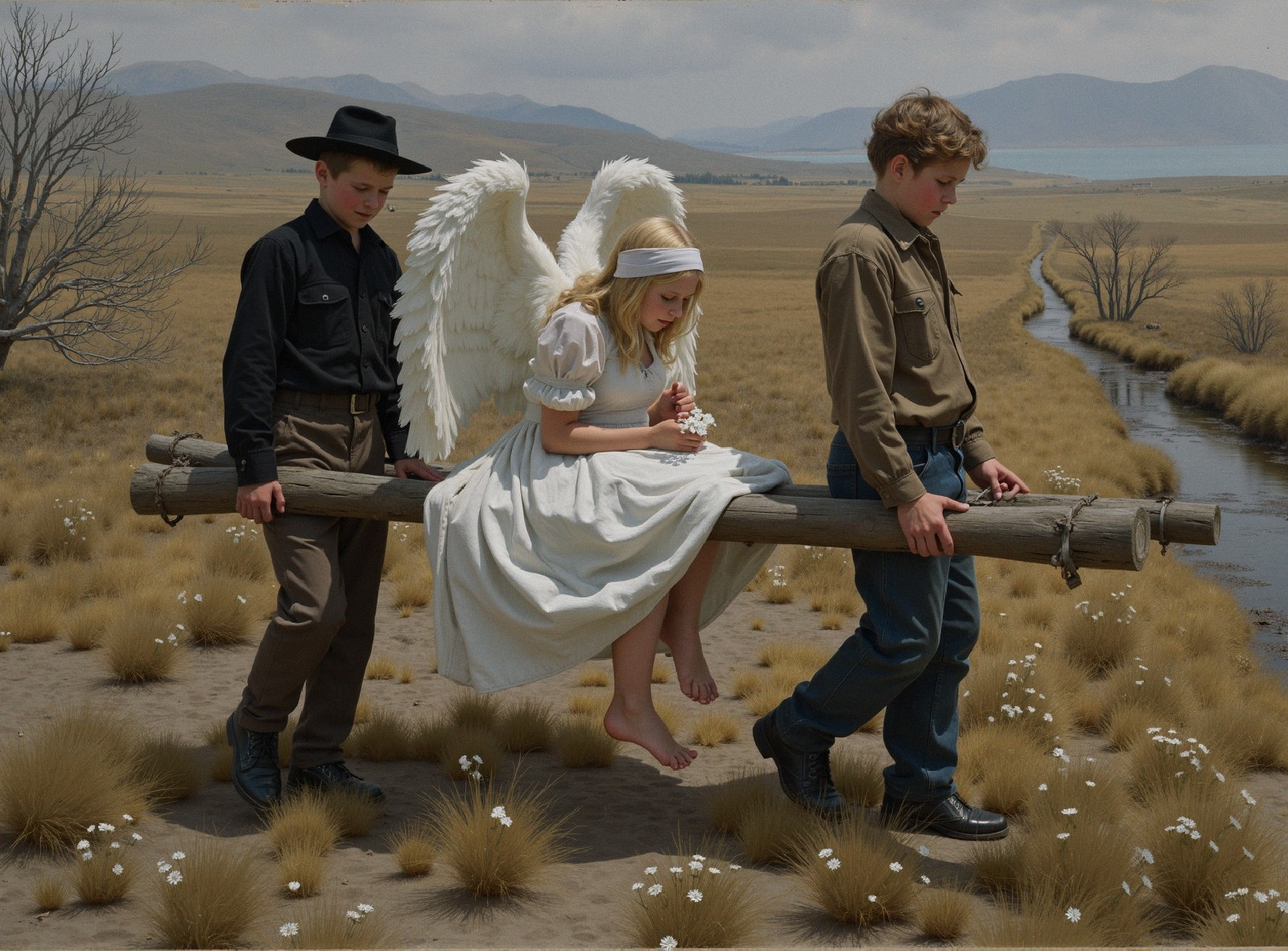 Boys Support Girl with Wings in Serene Landscape