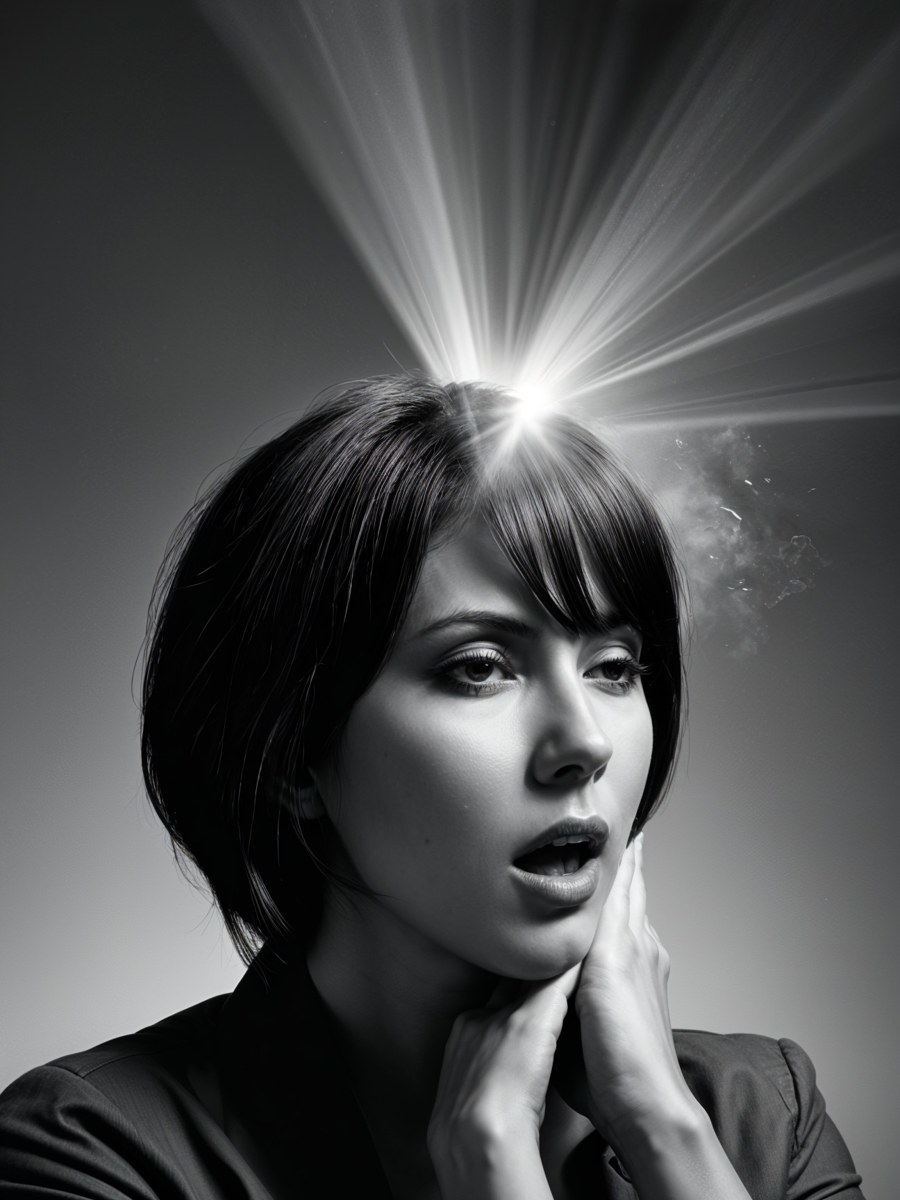 Woman with bob haircut expressing surprise and insight