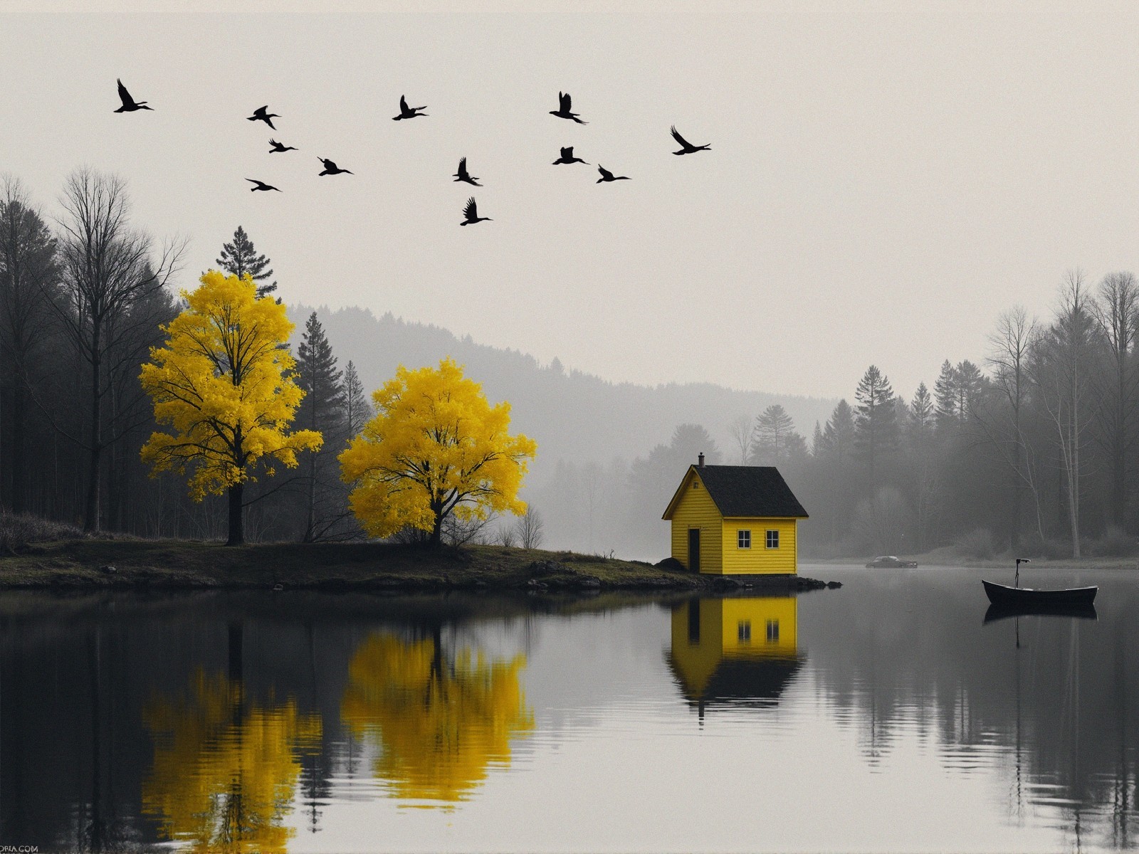 Serene Landscape with Yellow House and Calm Lake
