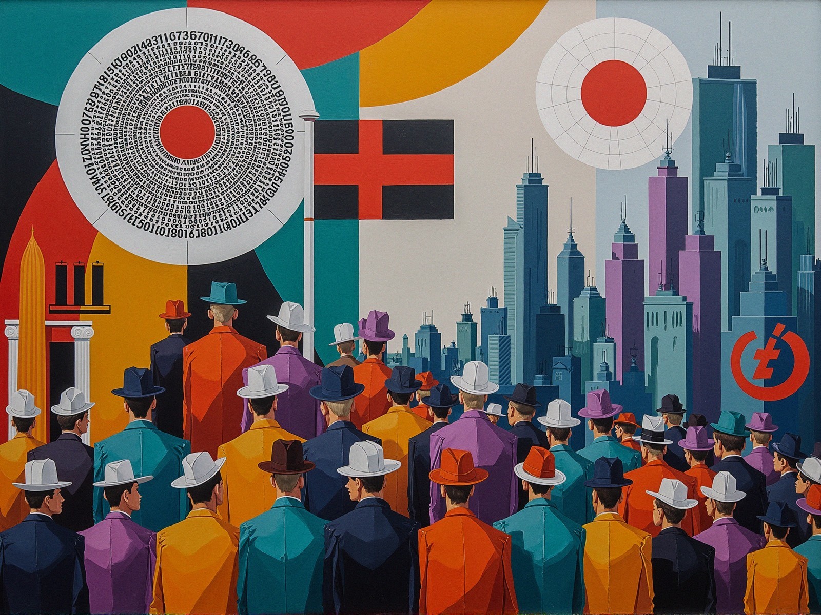 Vibrant Cityscape with Colorful Figures and Patterns