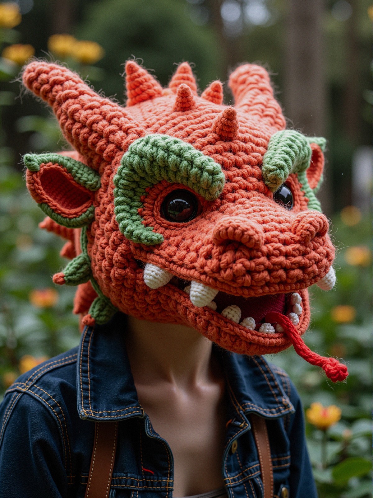 Vibrant Orange Crochet Dragon Headpiece in Garden