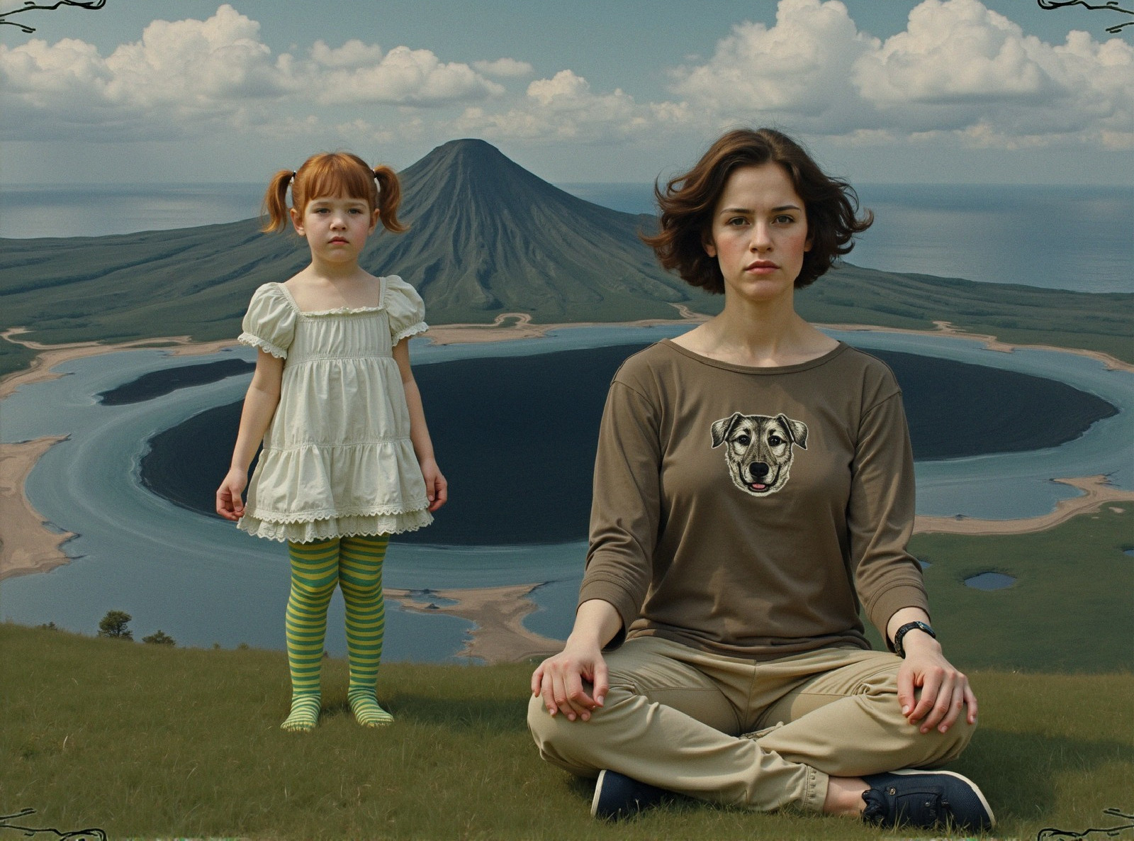 Woman in Meditative Pose with Girl on Hilltop