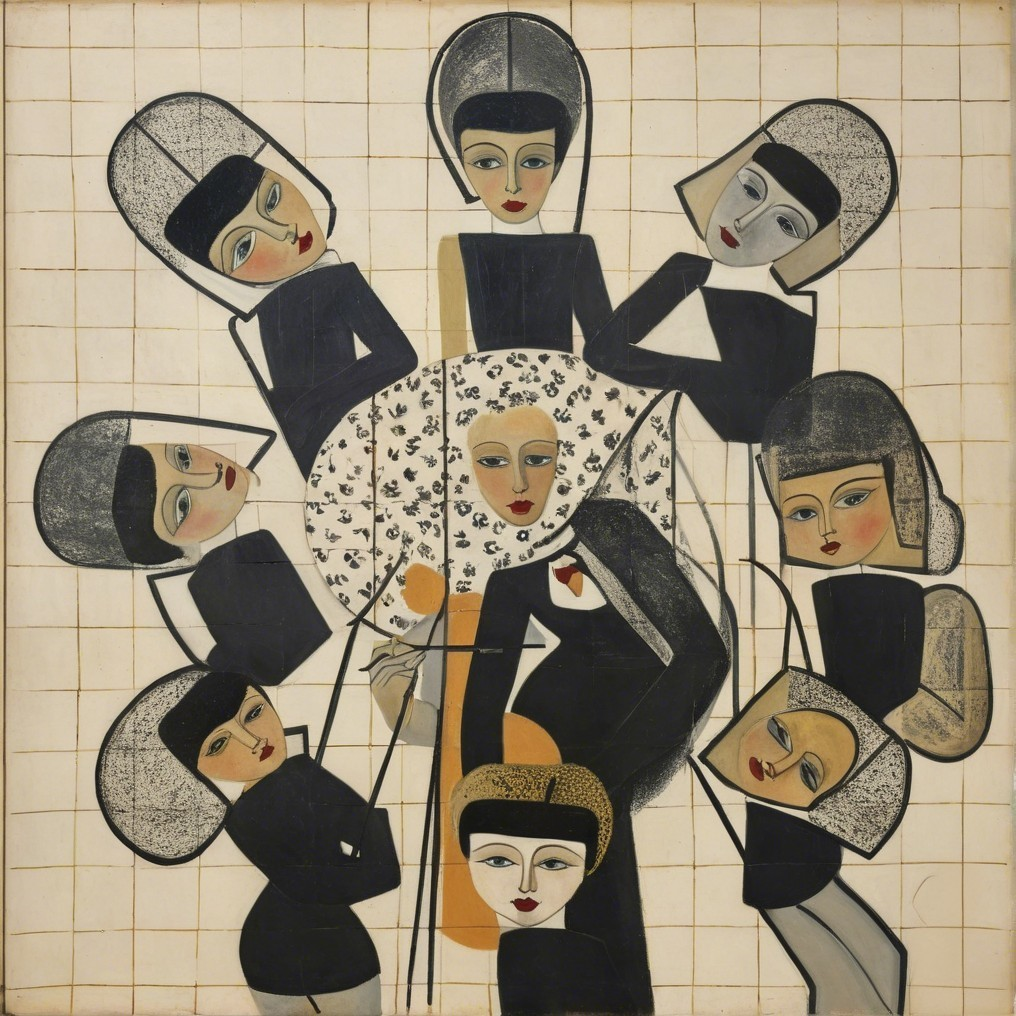 Central Figure with Eight Stylized Characters in Grid