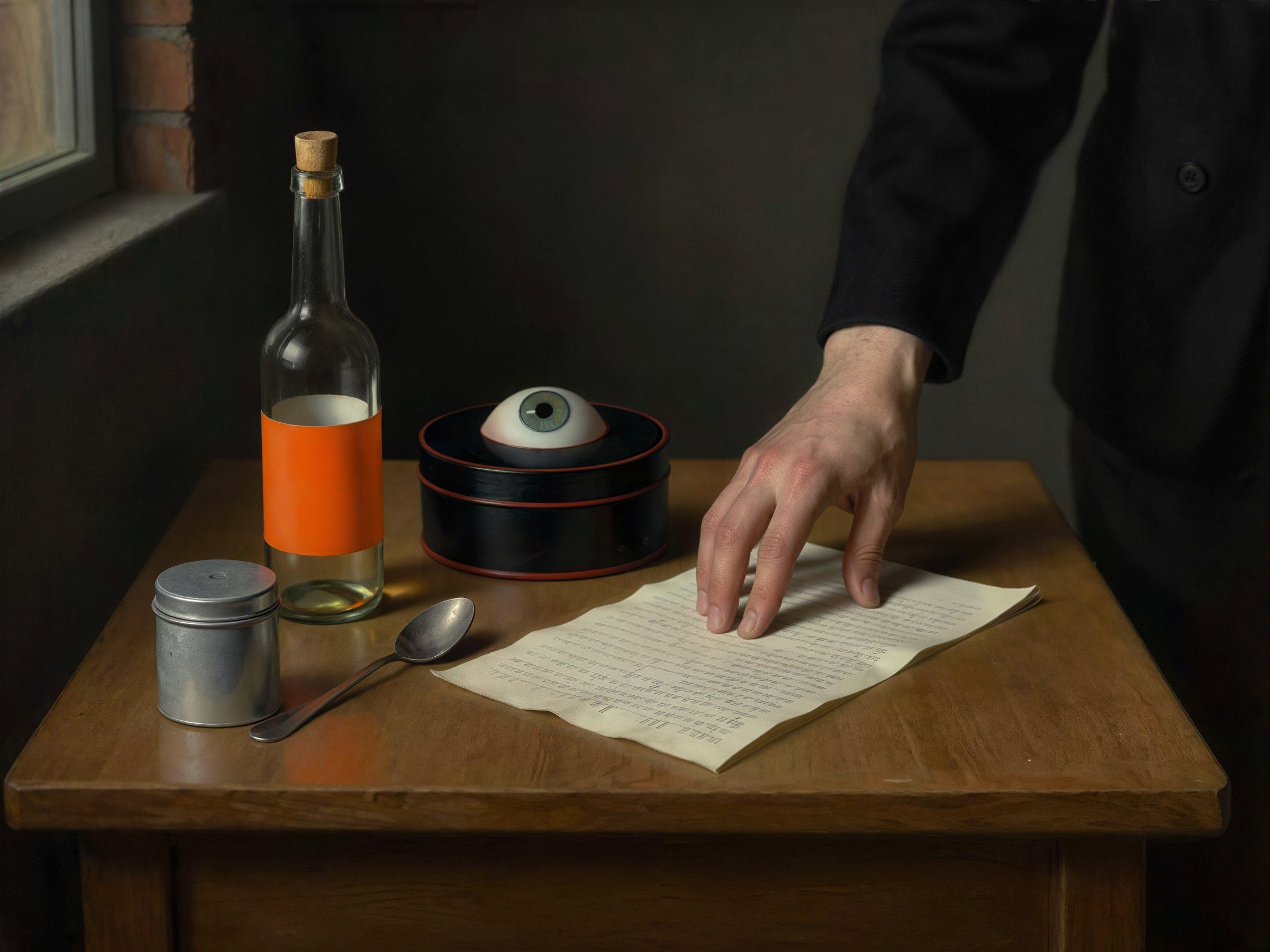 Still Life Oil Painting Featuring Surreal Objects and Figure