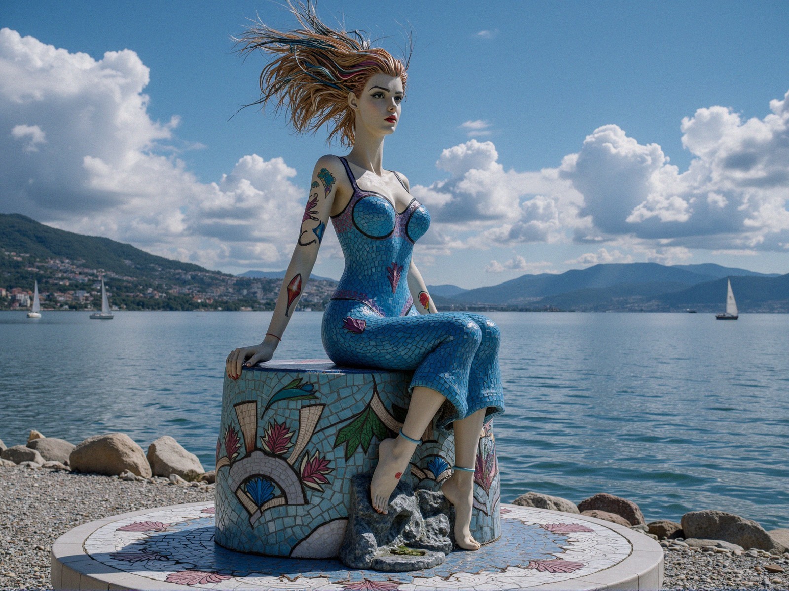 Mosaic Sculpture of Woman by Water with Sailboats