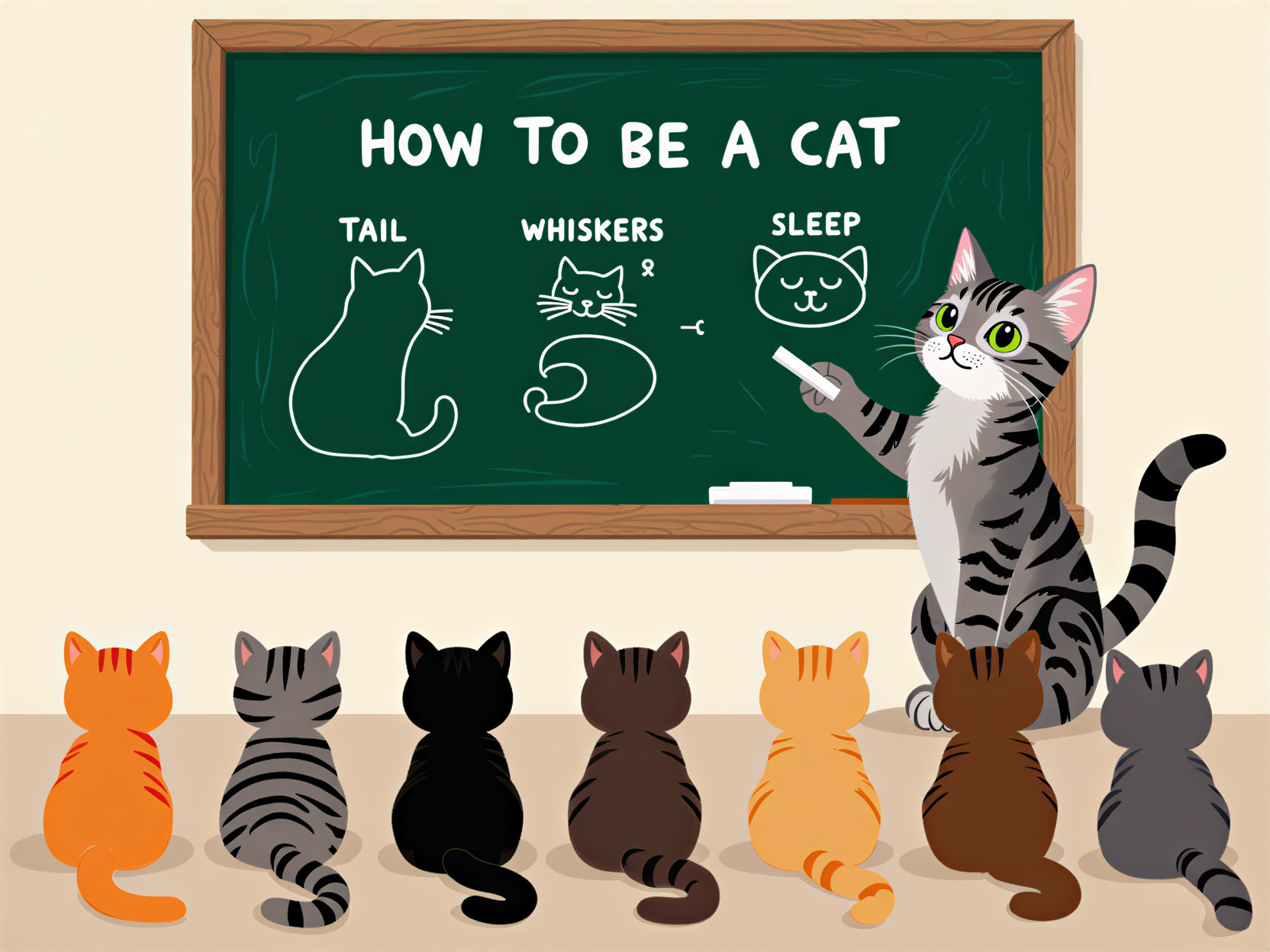 Classroom Scene with Cat Traits Illustrated on Chalkboard