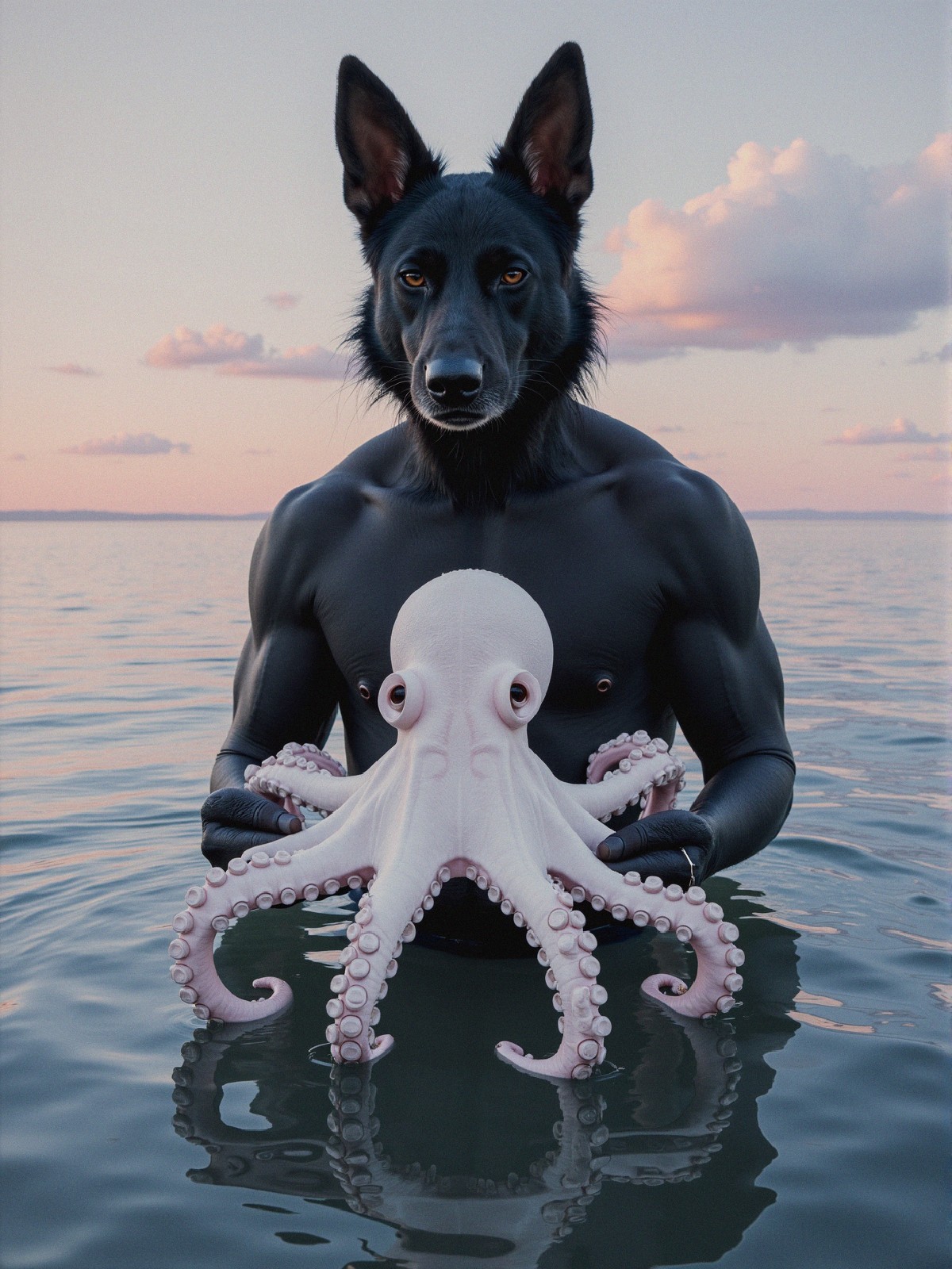 Muscular Figure with Dog's Head at Sunset with Octopus