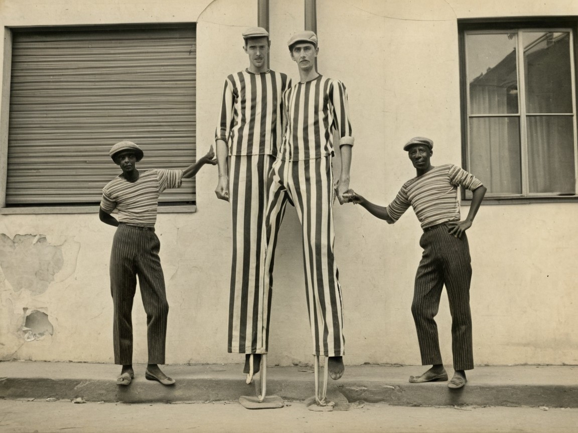 Four Individuals in Striped Outfits with Vintage Backdrop