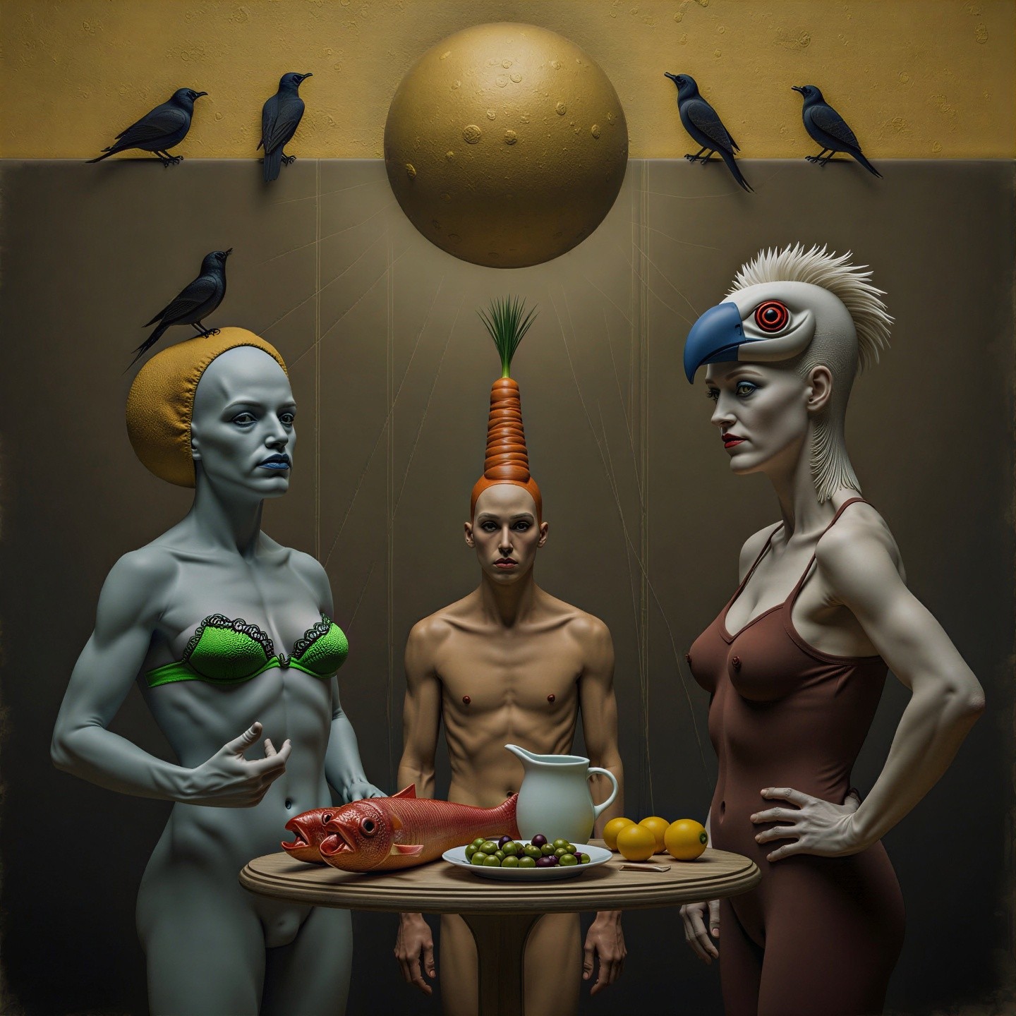 Surreal Scene with Three Figures Around a Table