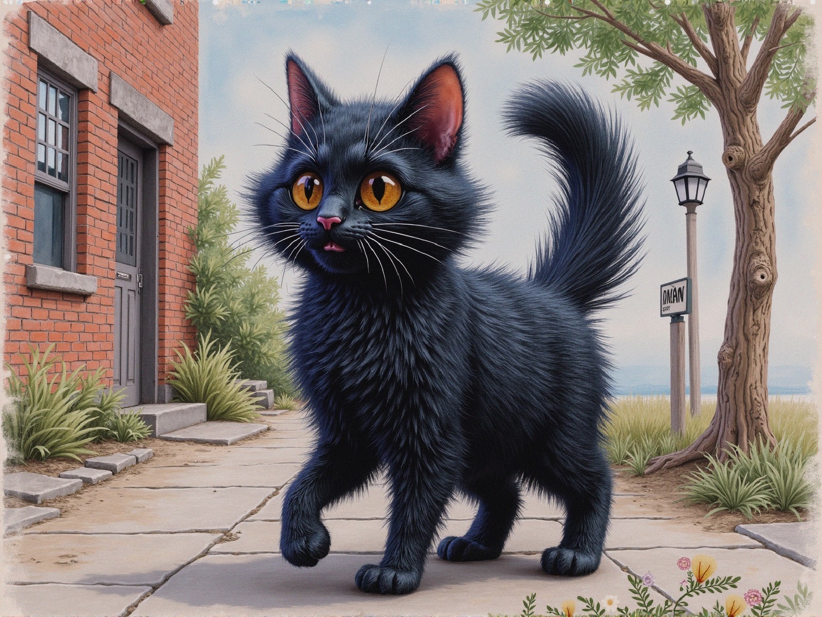 Fluffy Black Cat Walking on Cobblestone Pathway