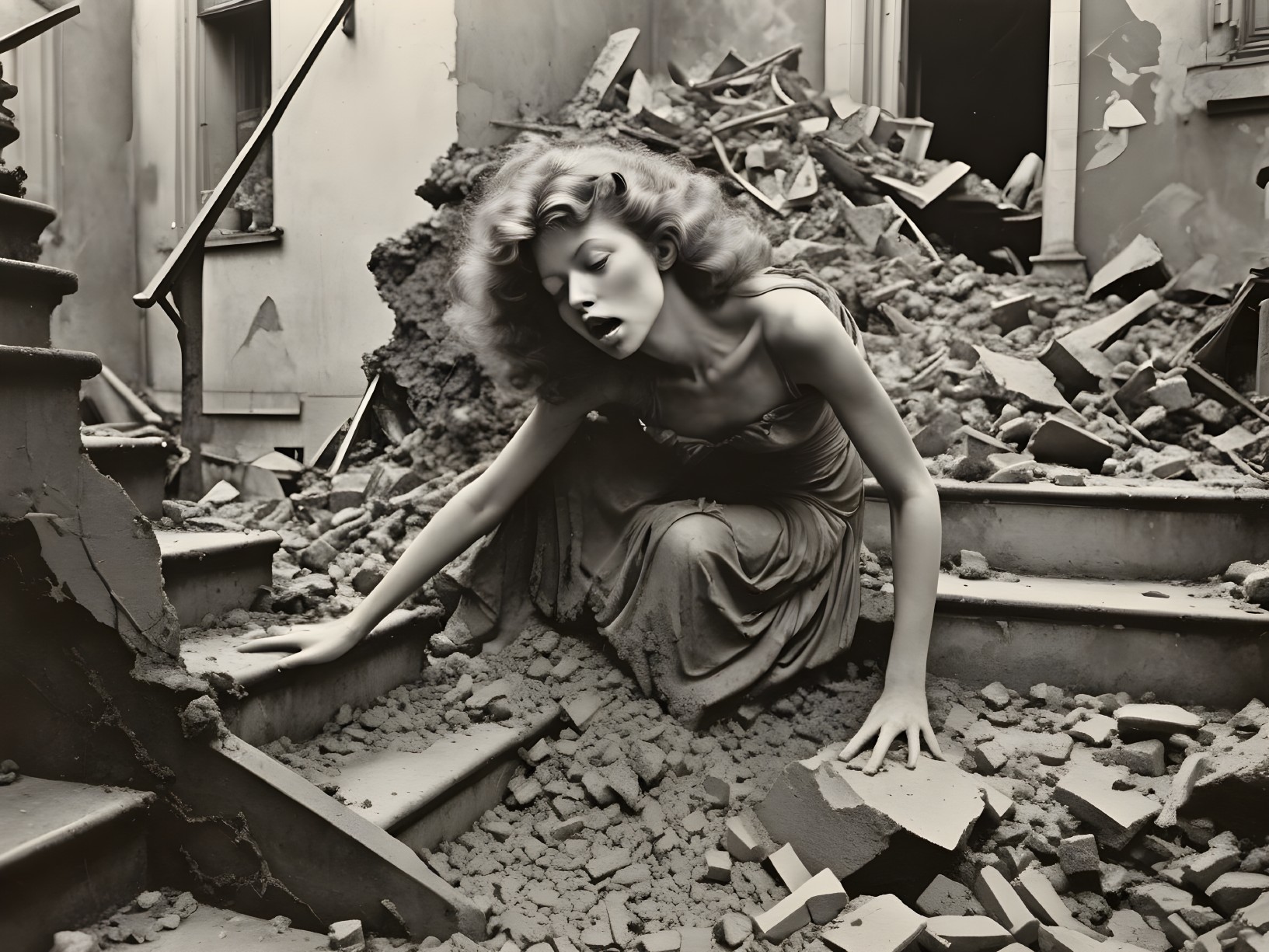 Surreal Scene of Woman Climbing Stairs Amid Rubble