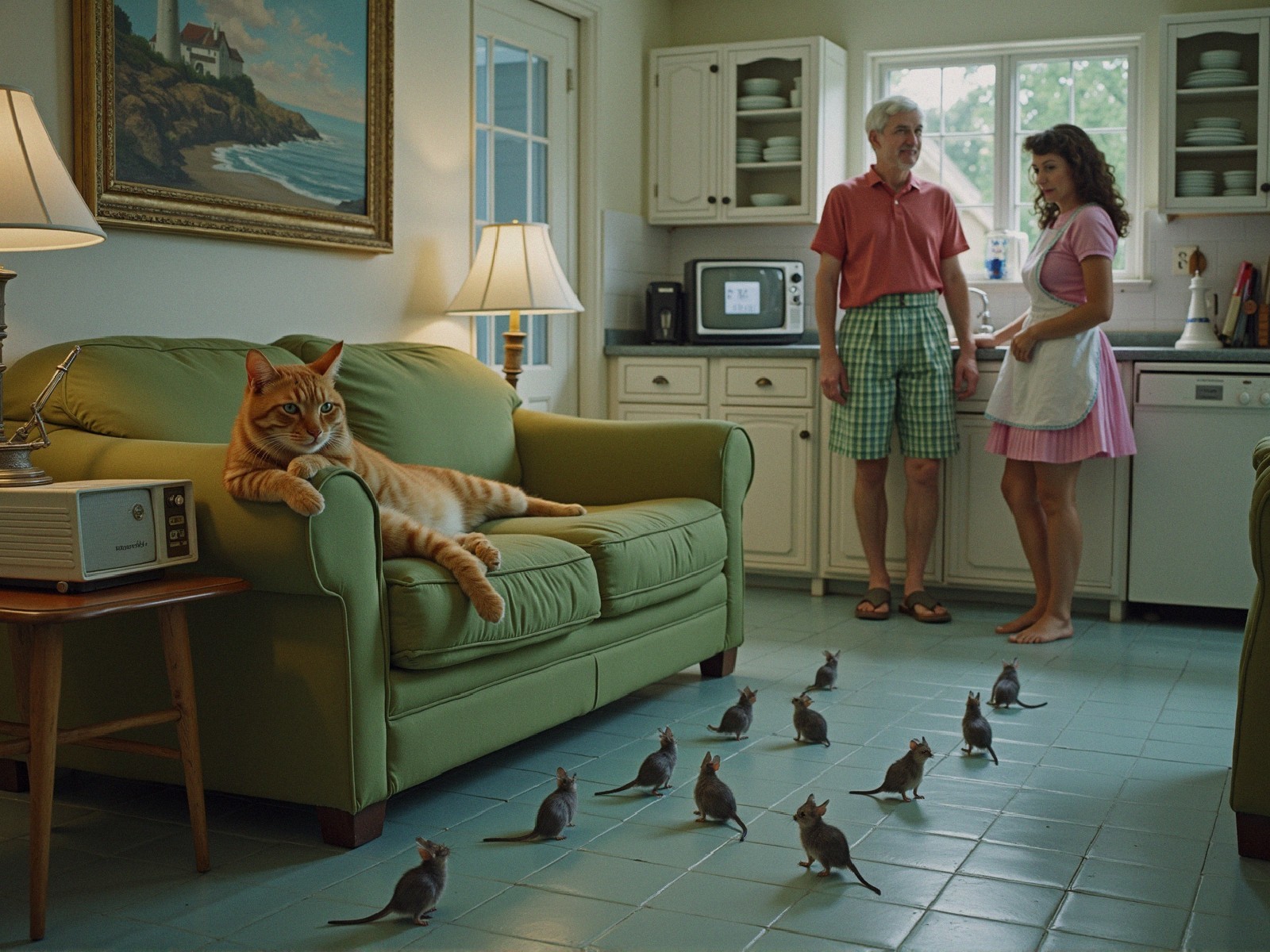 Cozy Kitchen Scene with Cat, Couple, and Mice