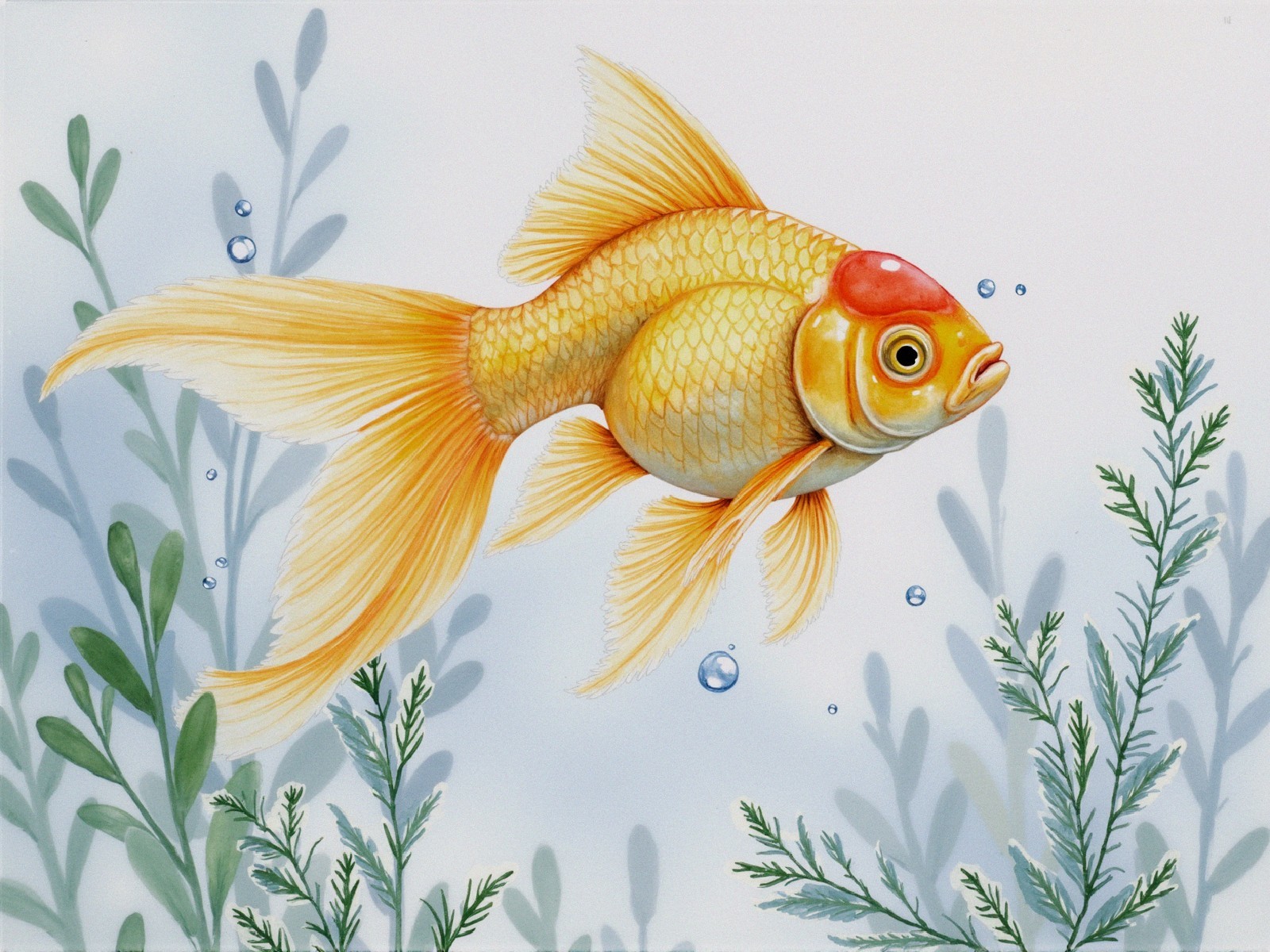 Goldfish in a serene underwater scene with bubbles