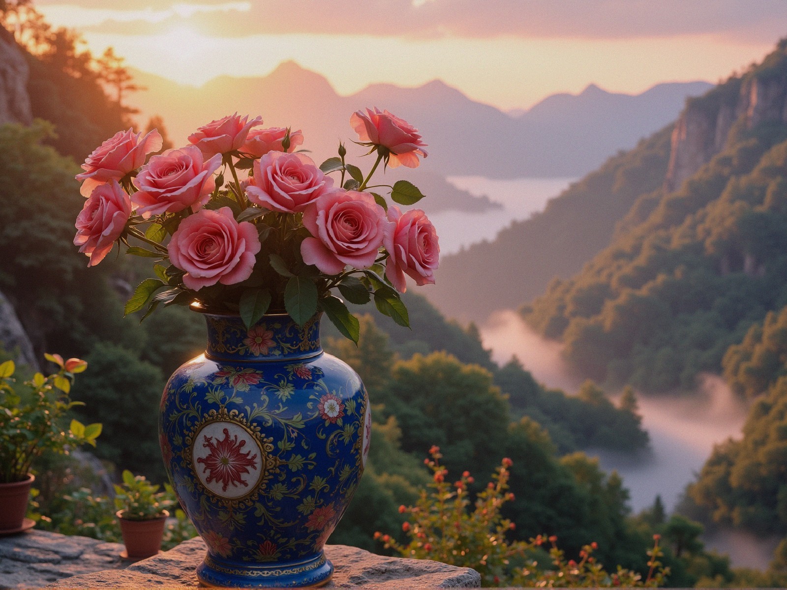 Vibrant Pink Roses in Ornate Blue Vase with Landscape
