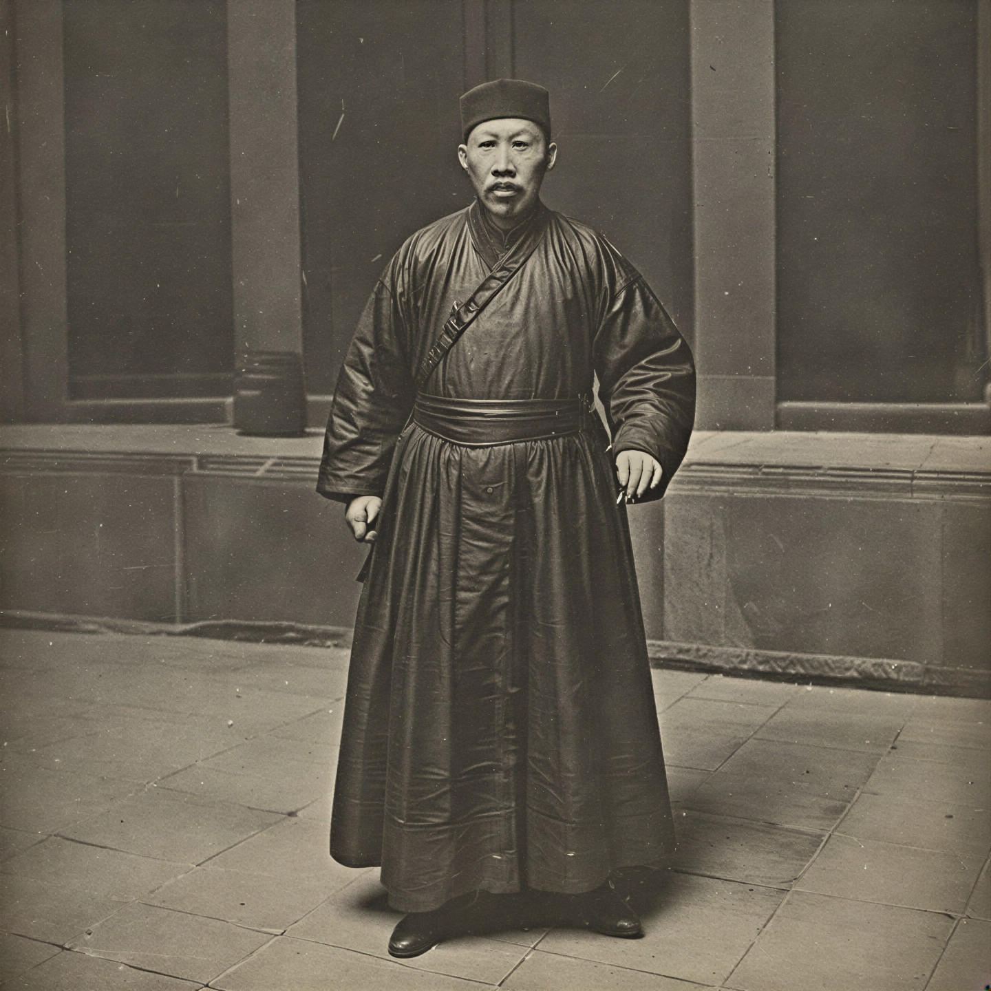 Traditional Asian Attire with Formal Architecture Backdrop