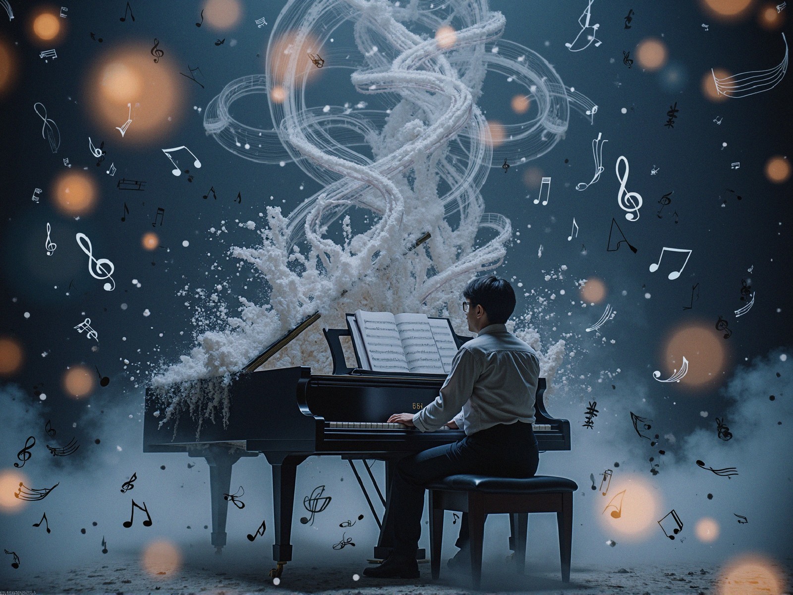 Pianist Performing Amidst Enchanting Musical Atmosphere