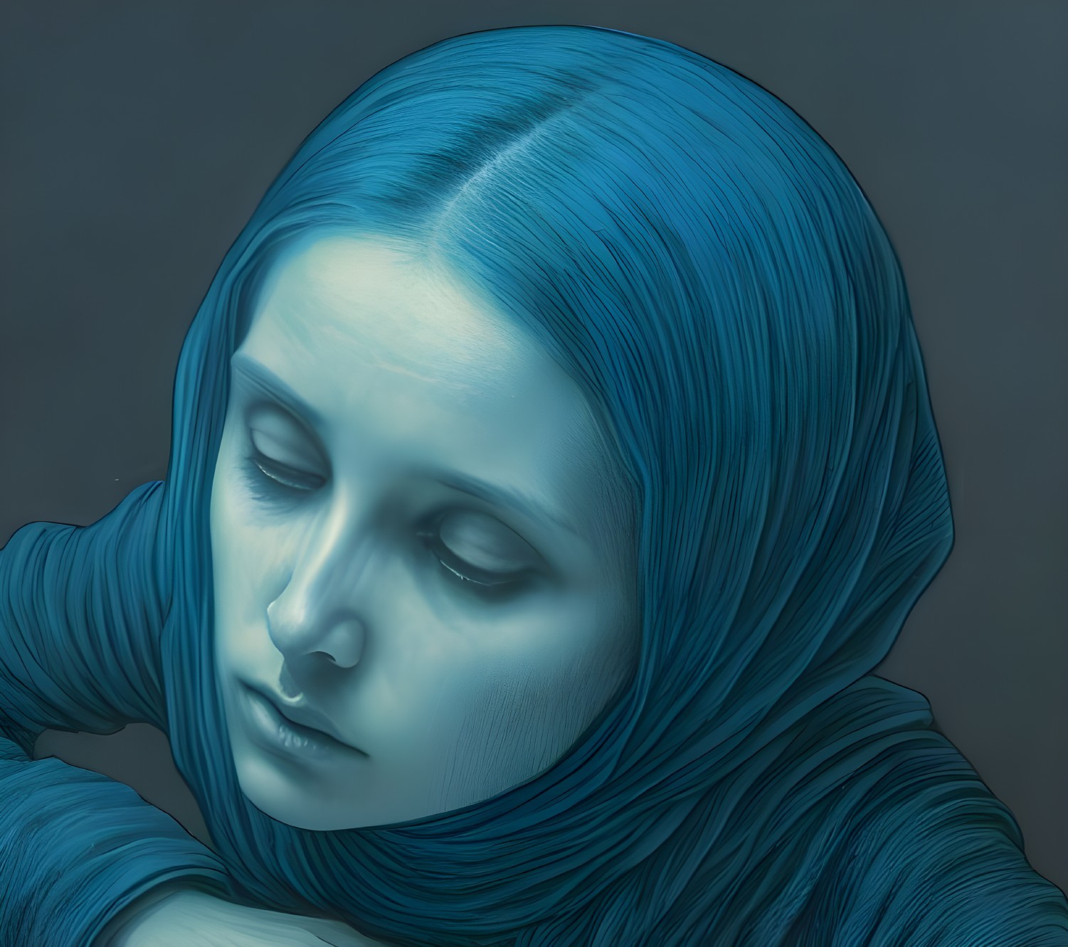 Serene Figure with Blue Hair and Calm Expression