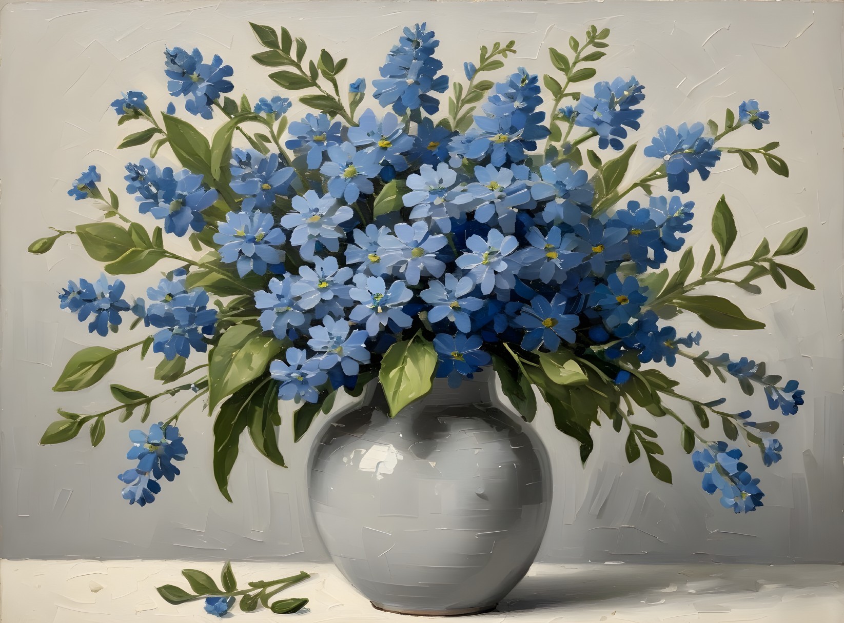 Still Life of Blue Forget-Me-Nots in Gray Vase