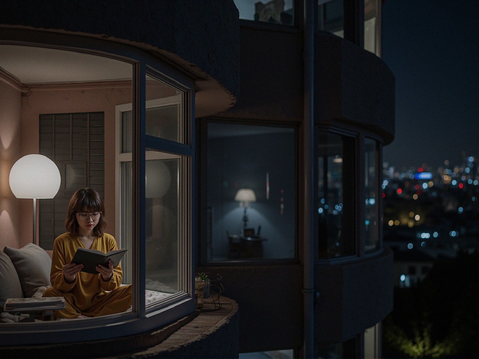 Cozy Reading Nook with City View at Night