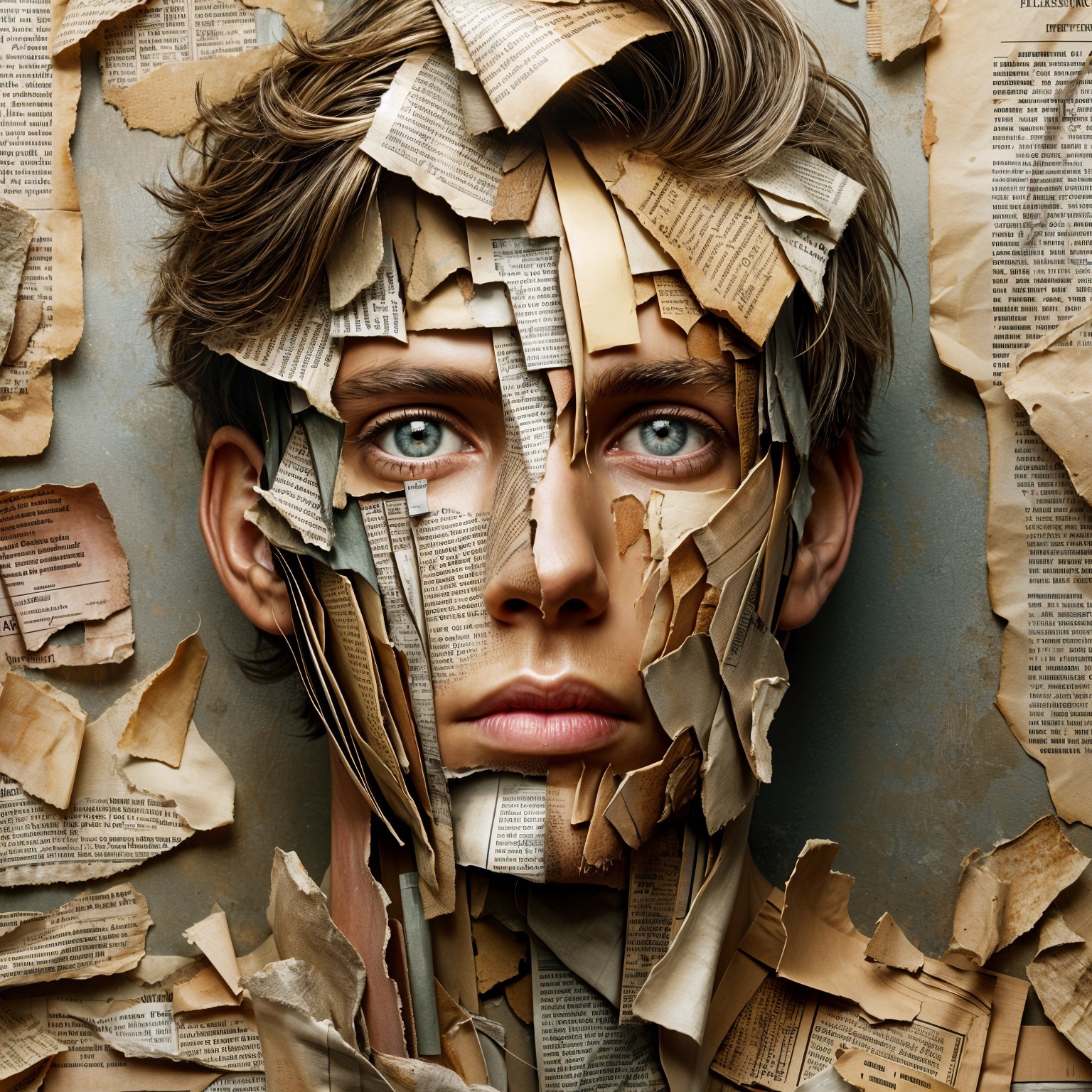 Young man with face made of torn newspaper clippings