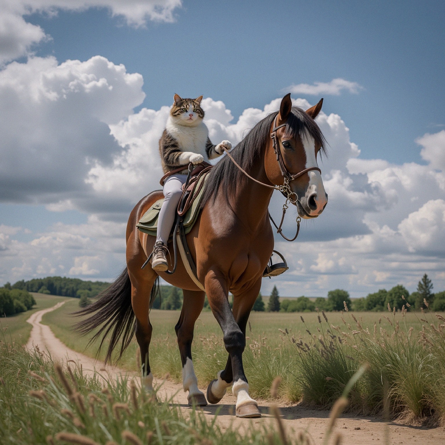Confident Cat on Horse in Scenic Landscape