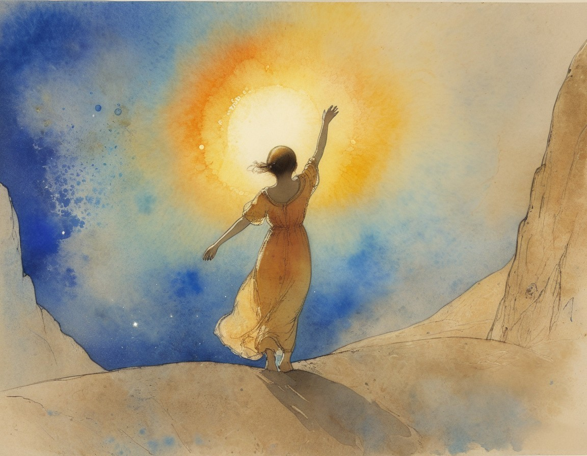 Watercolor Scene of Figure Reaching for the Sun