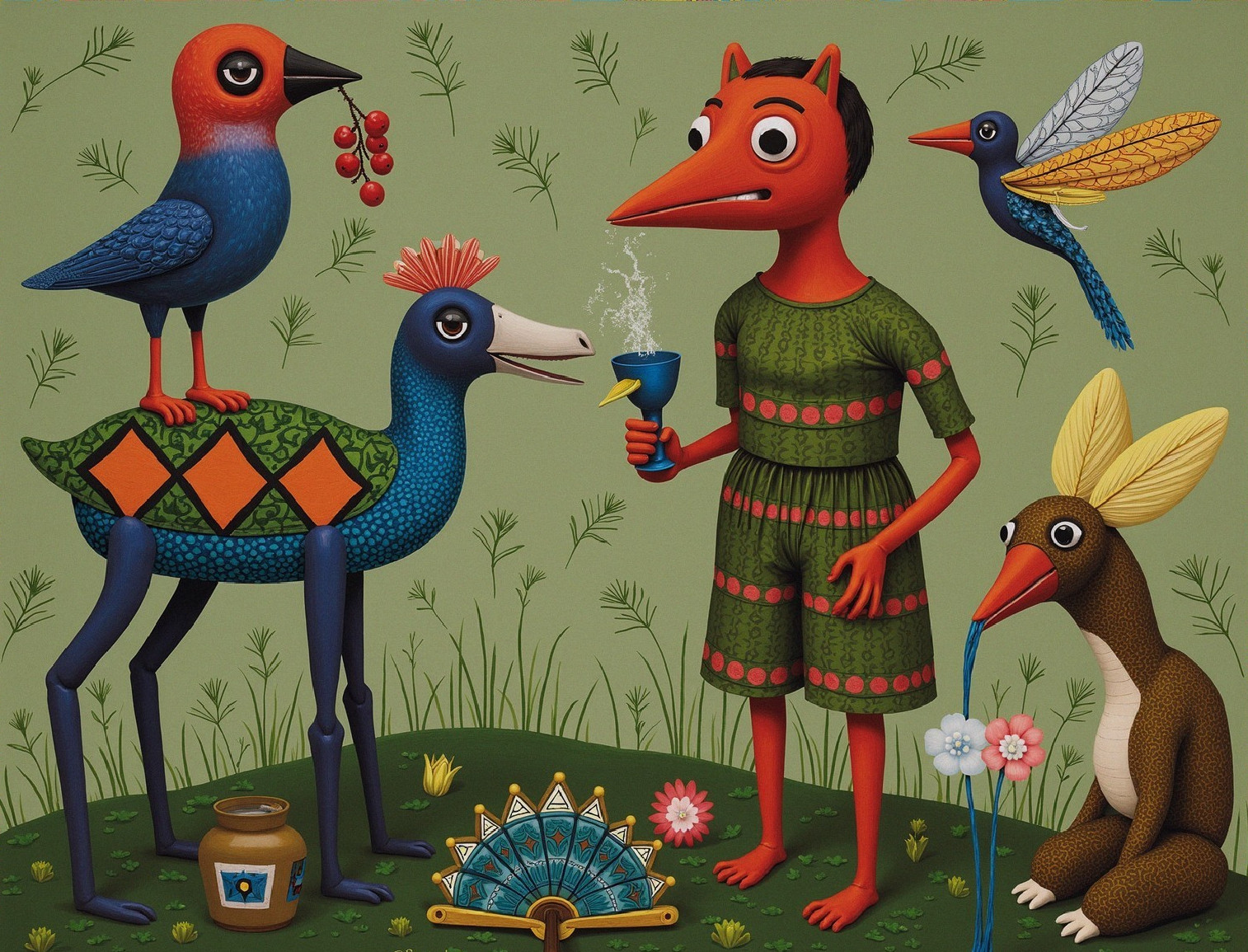 Whimsical Landscape with Colorful Animal Figures
