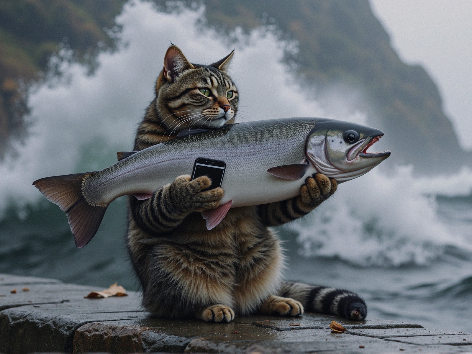 Tabby Cat with Fish and Smartphone on Shoreline