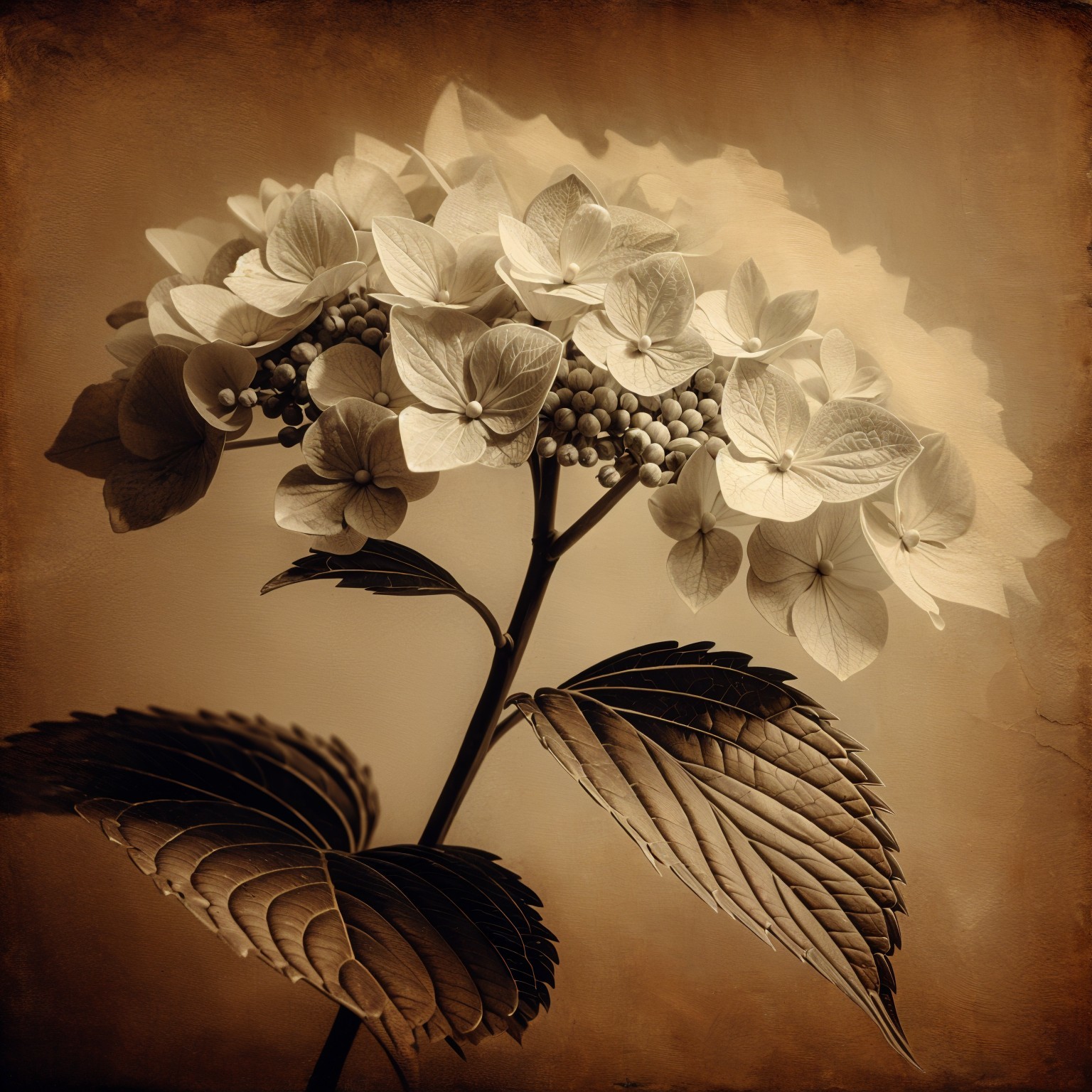 Sepia-Toned Image of Delicate Hydrangea Blooms