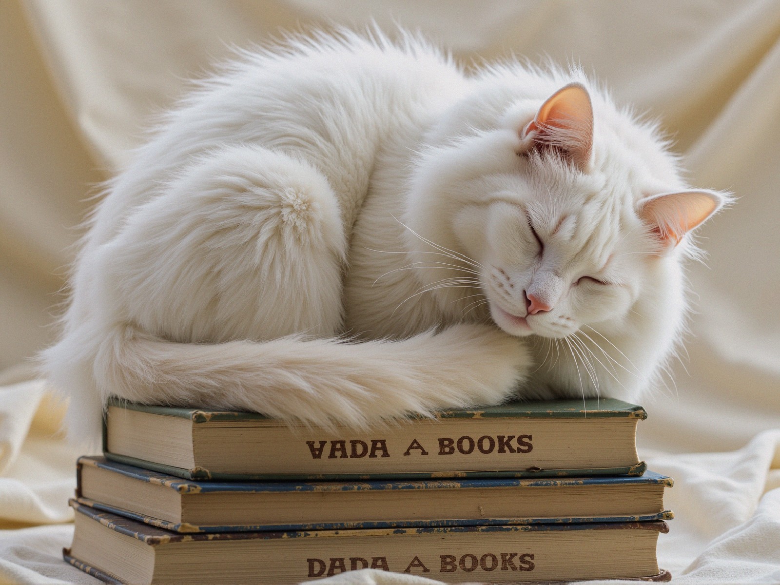 Fluffy White Cat Resting on Vintage Books Stack