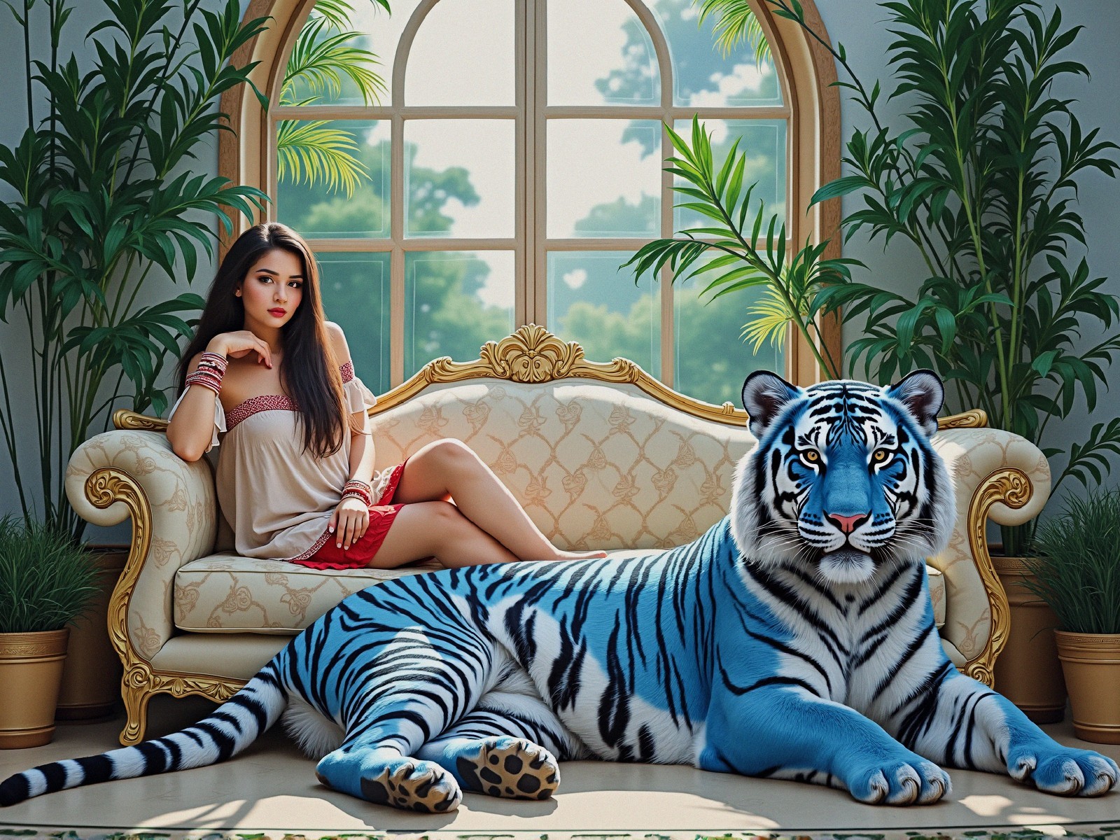 Elegant Room with Woman and Blue-Striped Tiger