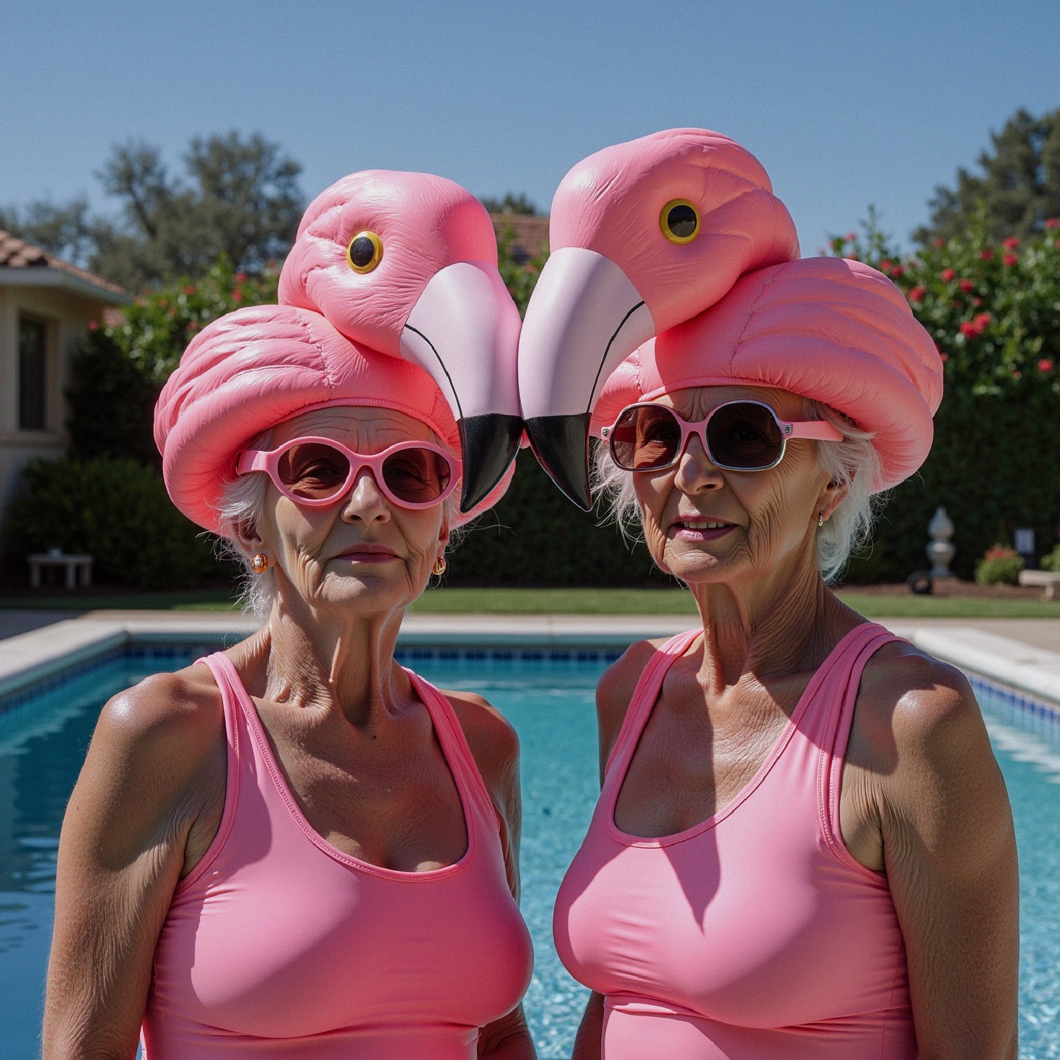 Elderly Women in Pink Swimsuits by Poolside