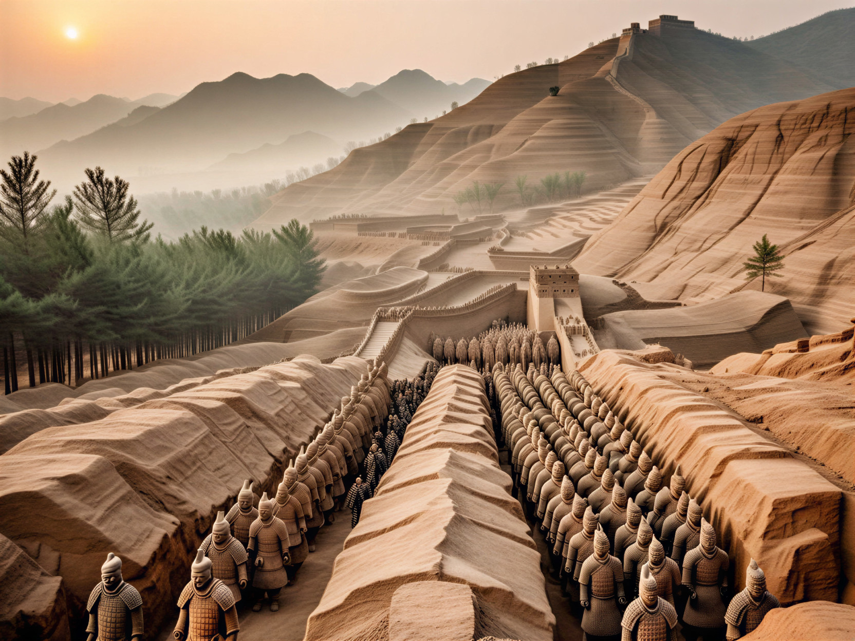 Terracotta Army with Mountains and Sunset Backdrop