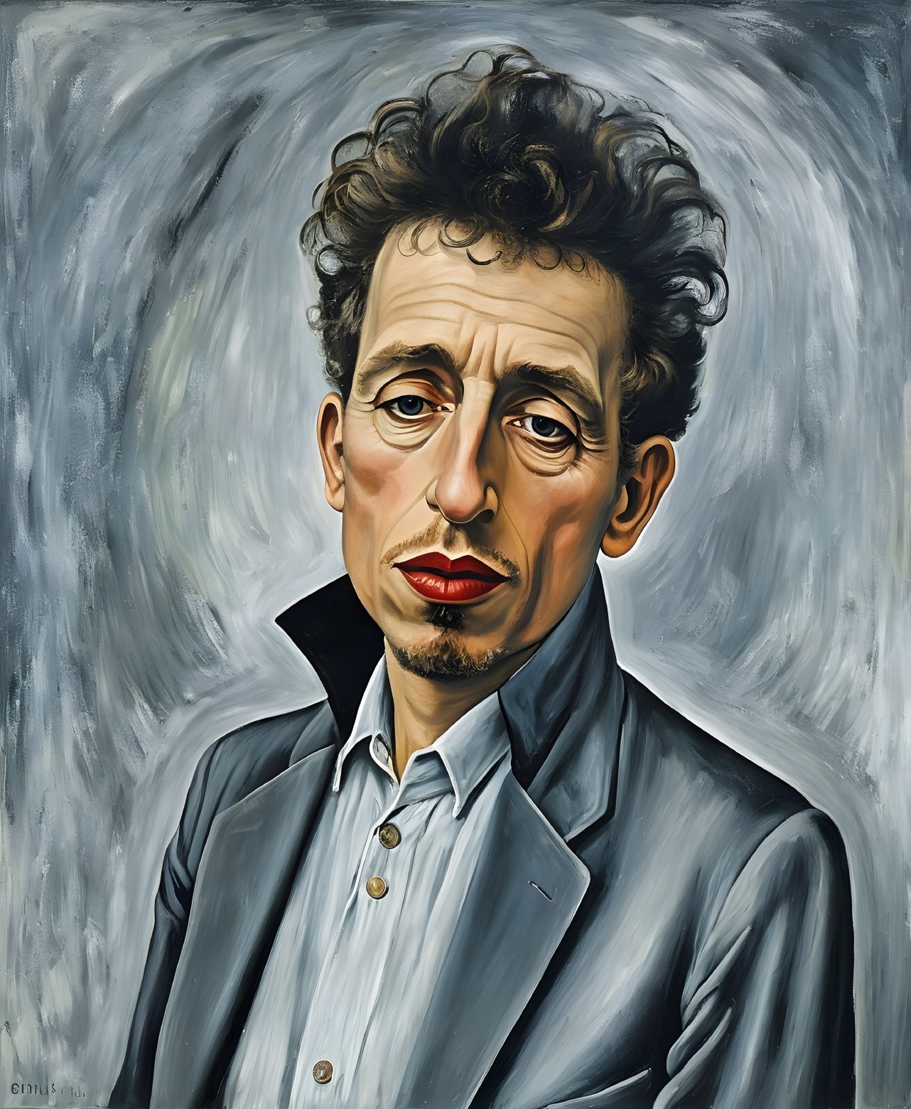Stylized Portrait of a Man with Curly Hair and Blazer