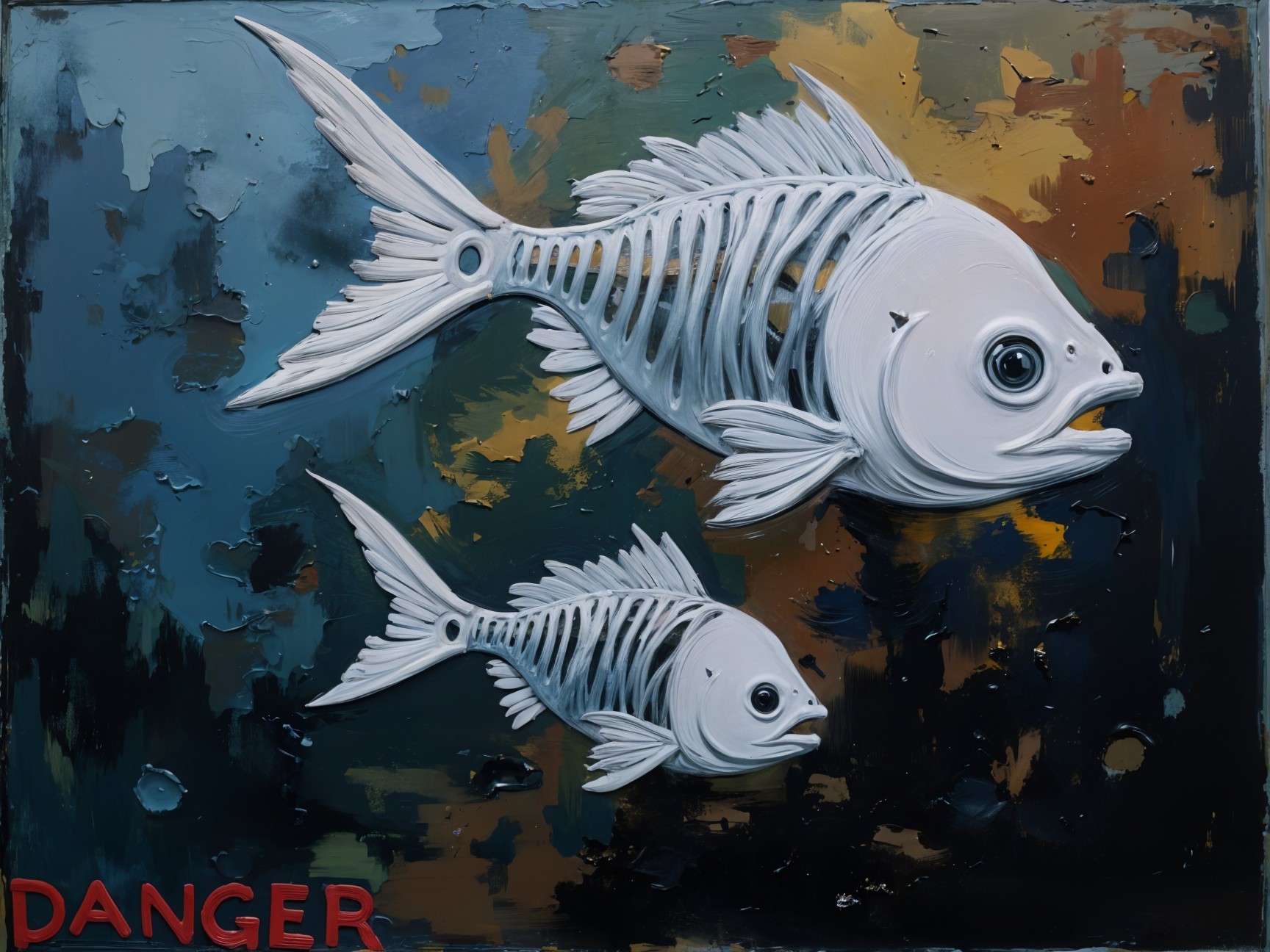 Stylized Fish Artwork with Skeletal Design and Textures