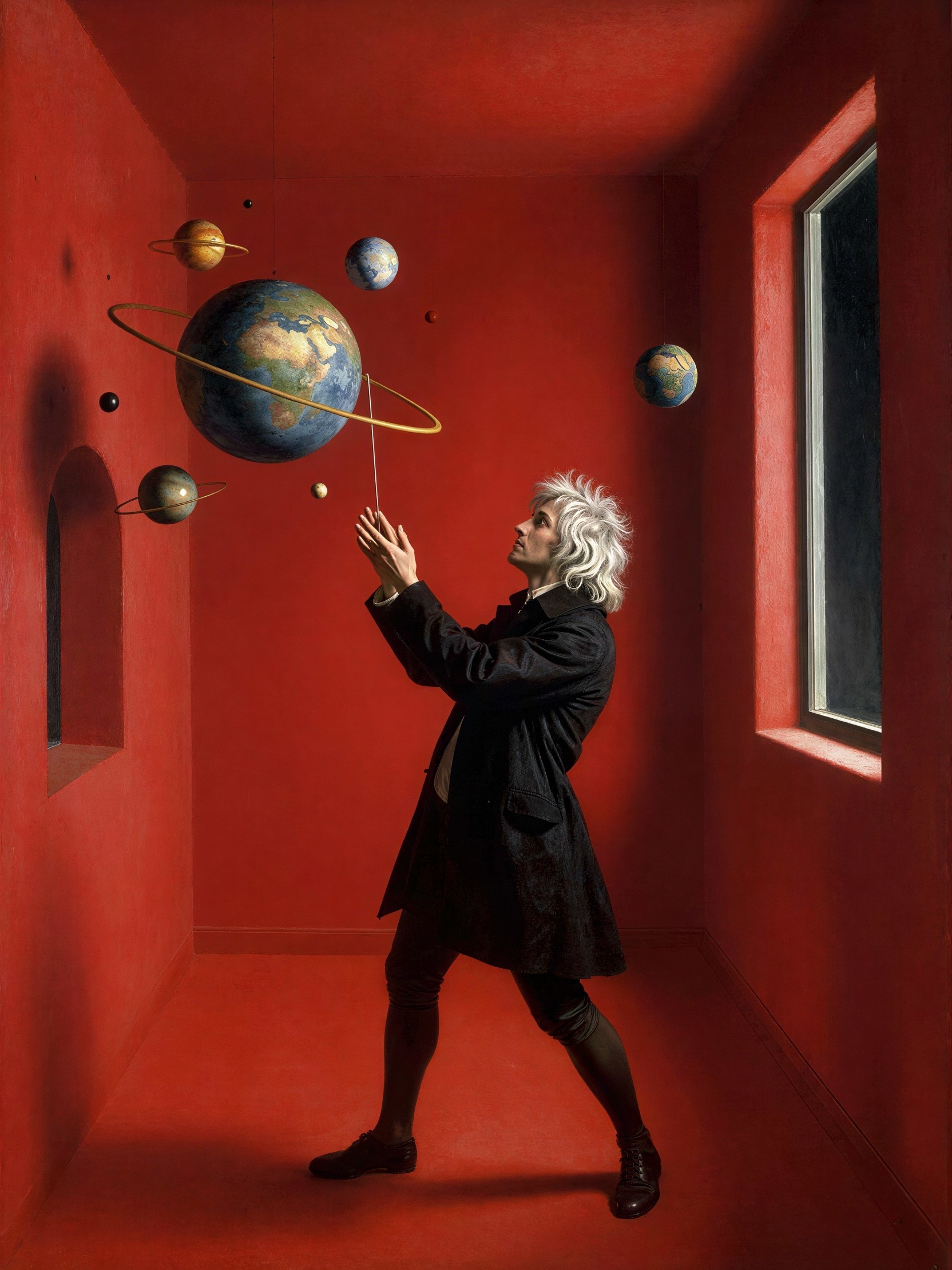 Hyperrealistic Painting of Young Isaac Newton in Red Room