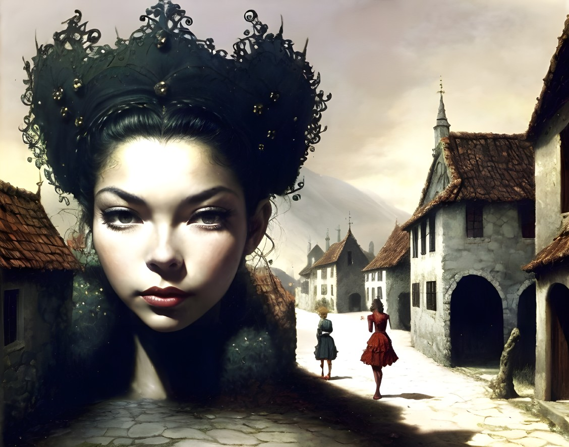 Surreal Scene of Woman's Face in Village Alley