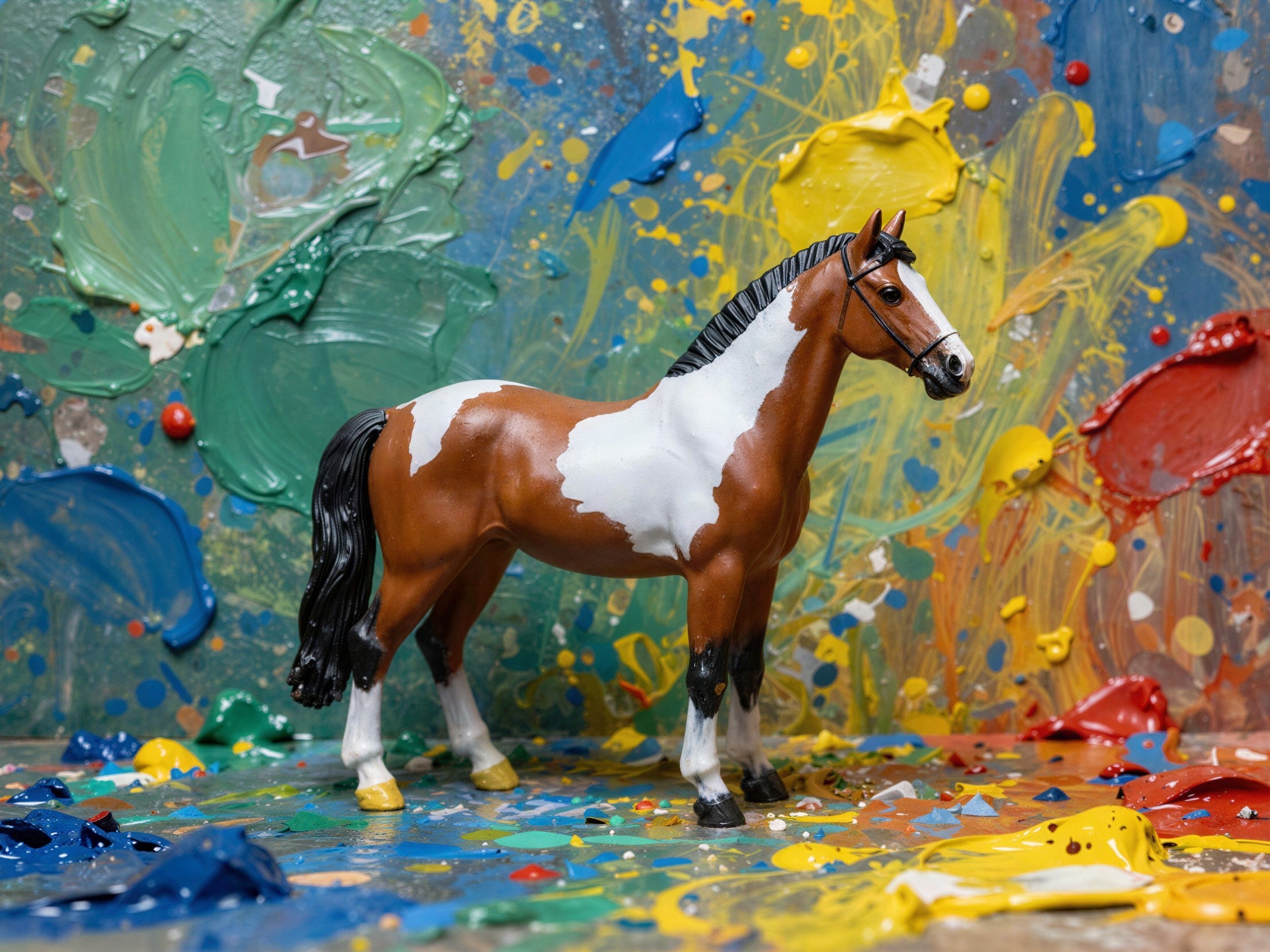 Brown and white toy horse on colorful paint splatters