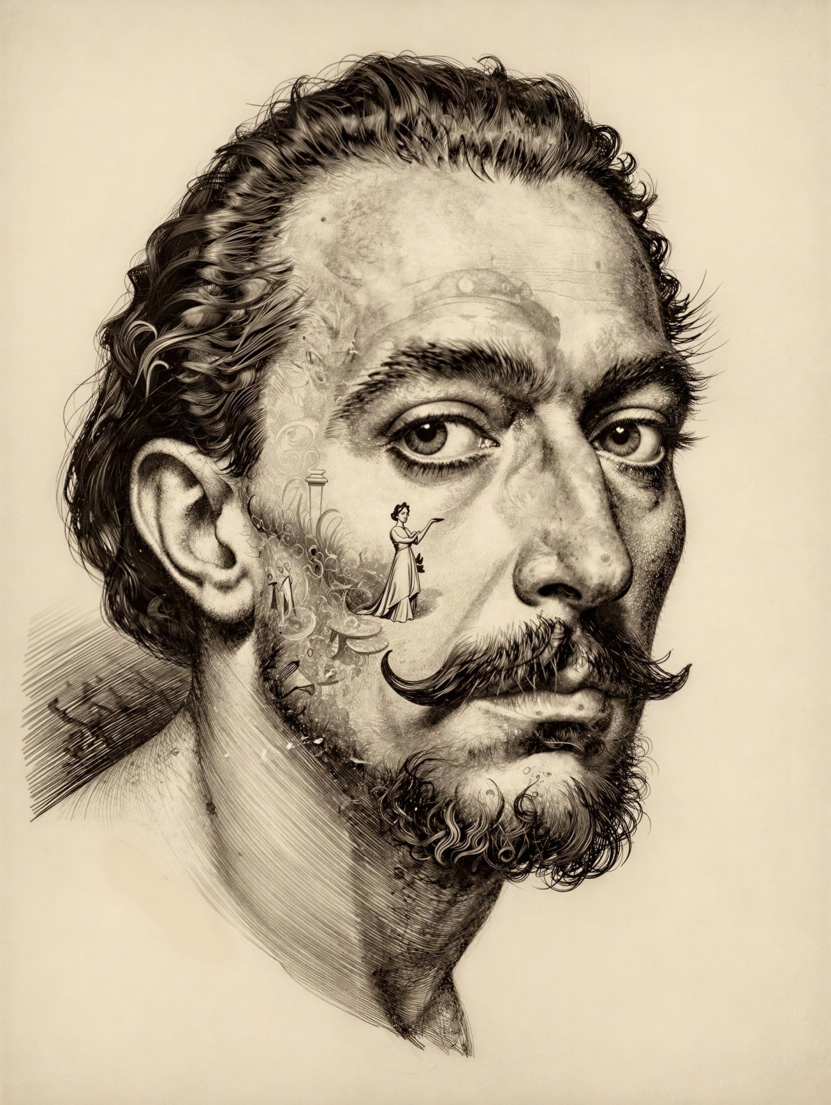 Hyperdetailed Ink Drawing of Surreal Male Bust